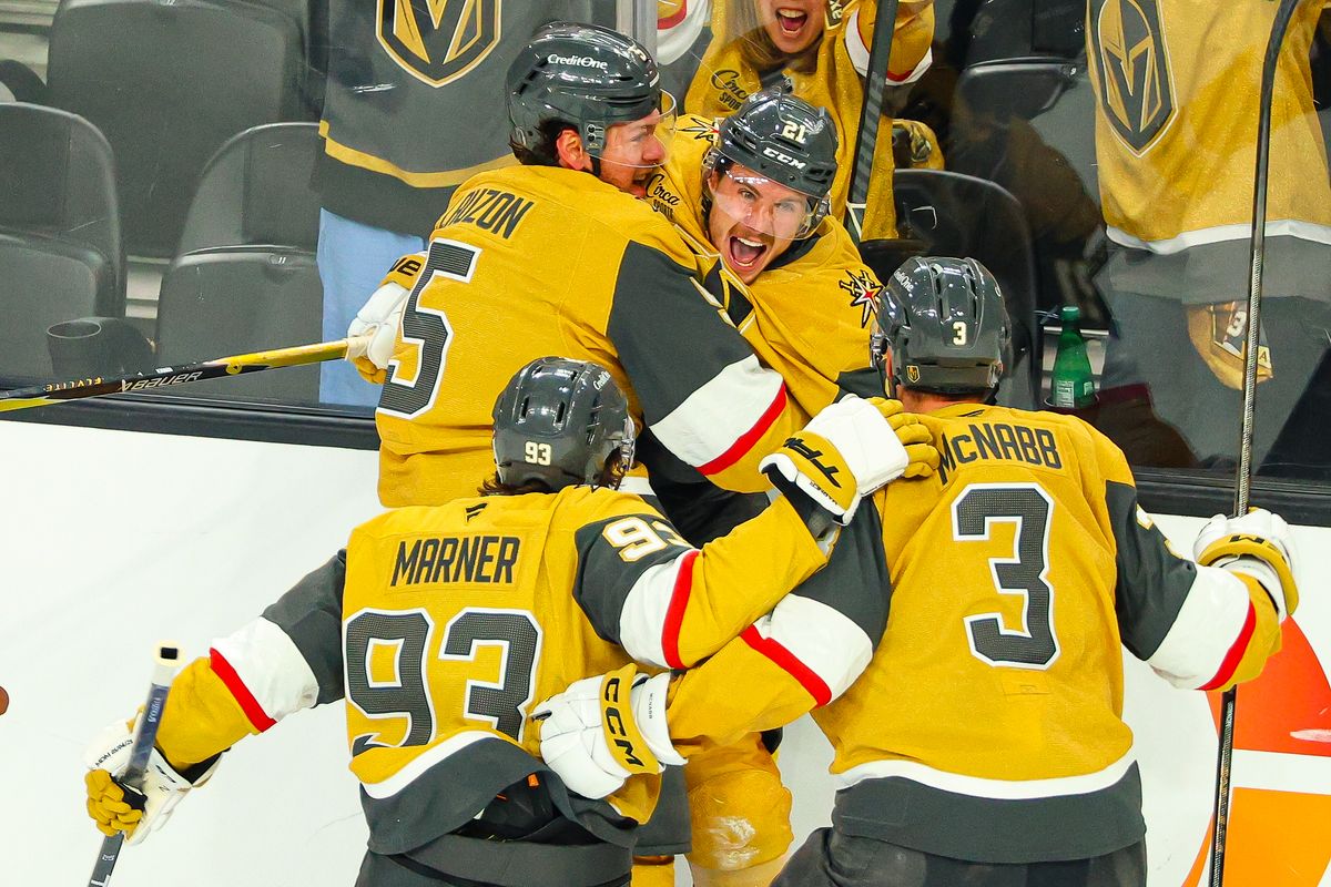 Vegas Golden Knights F Brett Howden (21) celebrates after he scores the game winning goal against the Utah Mammoth in double overtime of Round 1 Game 5 of the Stanley Cup Playoffs on Wednesday, April 29, 2026, in Las Vegas, Nevada. 
