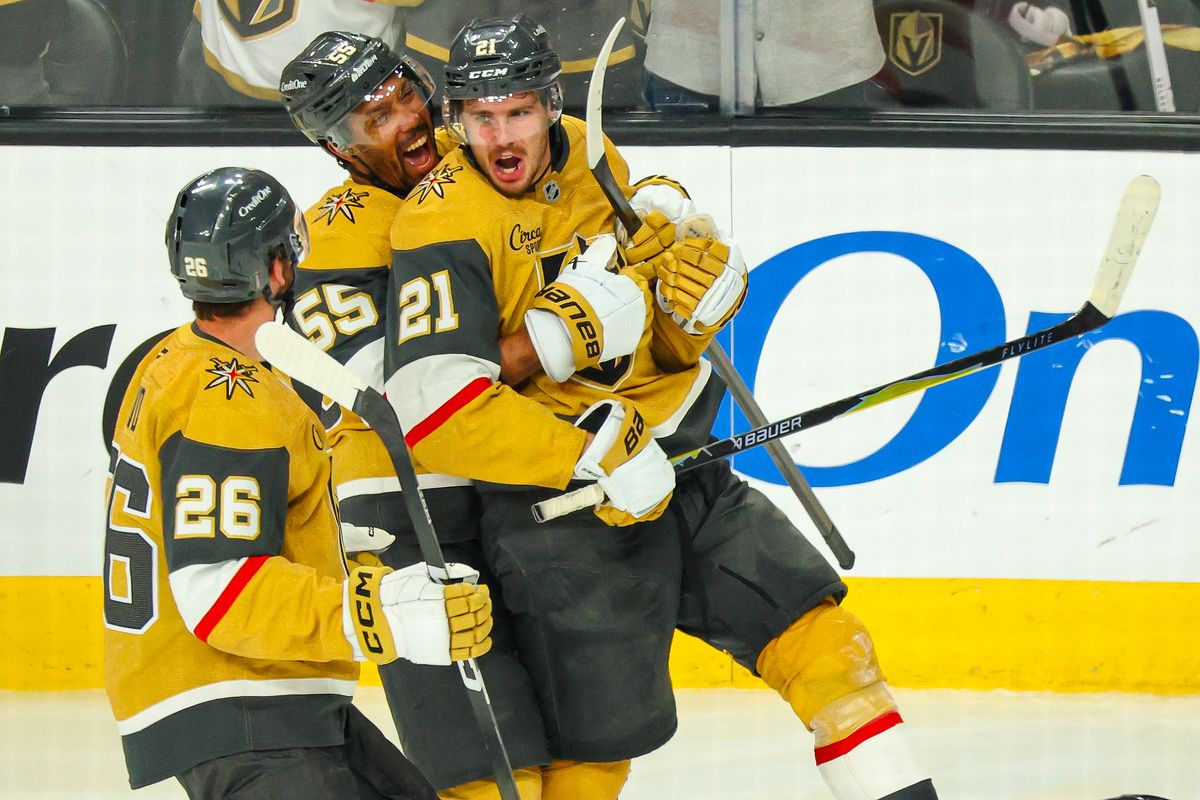 Vegas Golden Knights F Brett Howden (21) celebrates after he scored the game winning goal against the Utah Mammoth in Round 1 Game 5 of the Stanley Cup Playoffs on Wednesday, April 29, 2026, in Las Vegas, Nevada. 