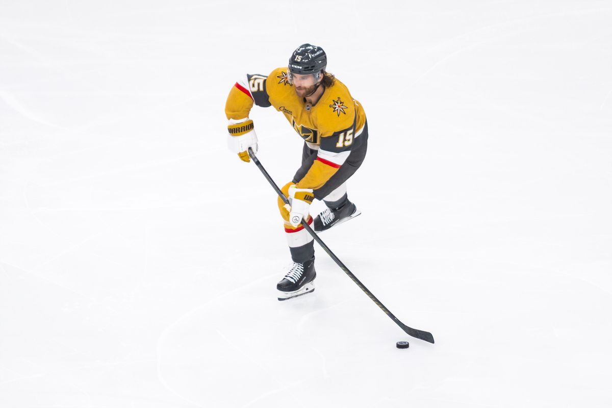 Vegas Golden Knights defenseman Noah Hanifin (15) looks to pass the puck up the ice during game 2 of a NHL playoff game between the Vegas Golden Knights and the Anaheim Ducks, Wednesday May 6, 2026 in Las Vegas, Nev.