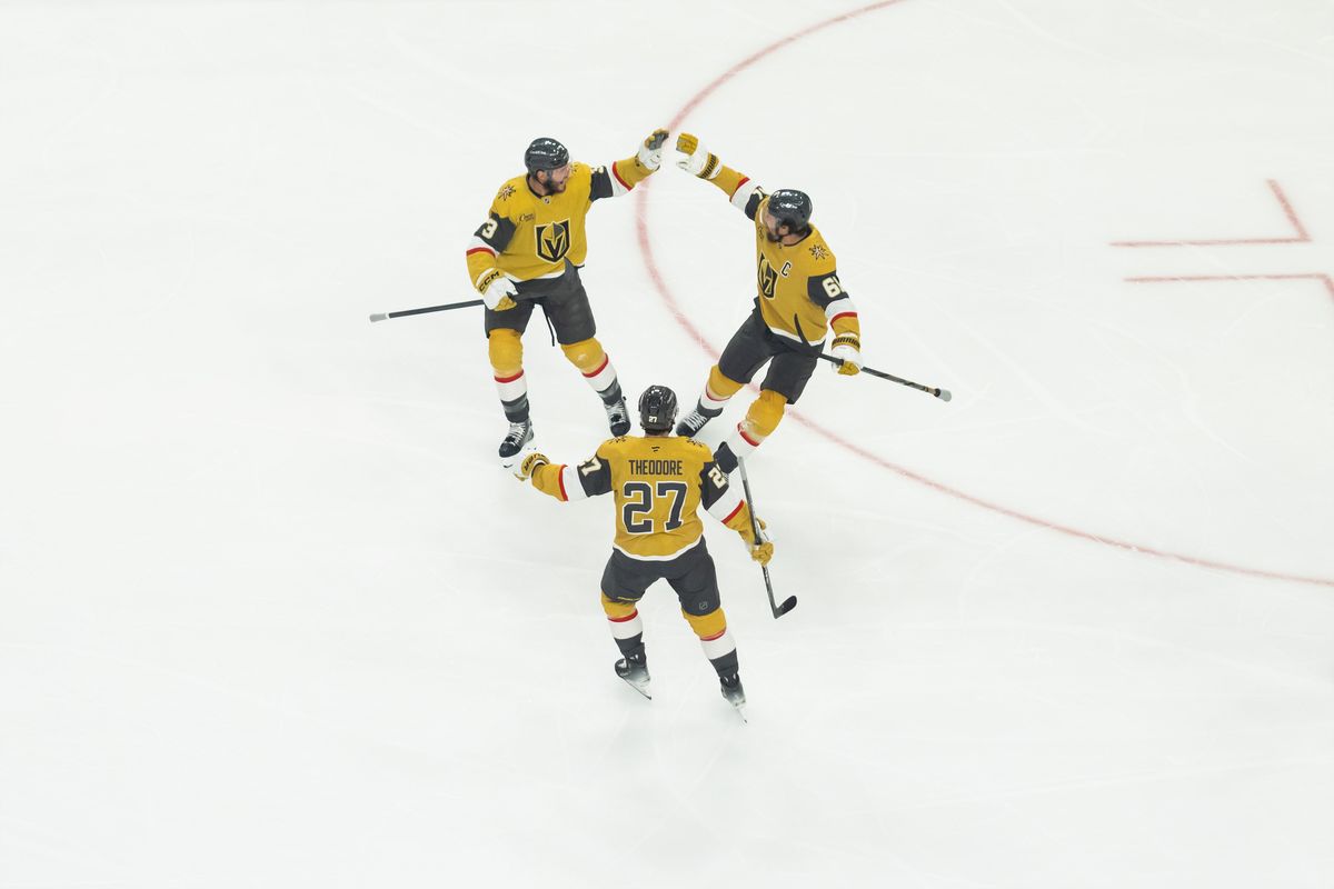 Vegas Golden Knights defensemen Brayden McNabb (3) and Shea Theodore (27) celebrate with right-wing Mark Stone (61) after Stone scores a goal during game 4 of a NHL playoff game of the semi-final round between the Vegas Golden Knights and the Colorado Avalanche, Tuesday May 26, 2026 in Las Vegas, Nev. Vegas Golden Knights defensemen Brayden McNabb (3) and Shea Theodore (27) celebrate with right-wing Mark Stone (61) after Stone scores a goal during game 4 of a NHL playoff game of the semi-final round between the Vegas Golden Knights and the Colorado Avalanche, Tuesday May 26, 2026 in Las Vegas, Nev.