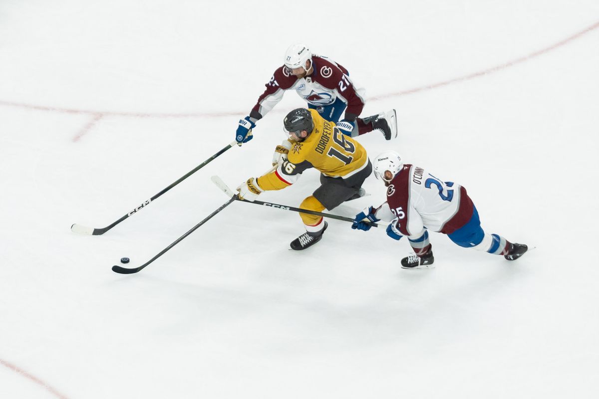 Vegas Golden Knights right-wing Pavel Dorofeyev (16) skates past two Colorado Avalanche defenders during game 4 of a NHL playoff game of the semi-final round between the Vegas Golden Knights and the Colorado Avalanche, Tuesday May 26, 2026 in Las Vegas, Nev. Vegas Golden Knights right-wing Pavel Dorofeyev (16) skates past two Colorado Avalanche defenders during game 4 of a NHL playoff game of the semi-final round between the Vegas Golden Knights and the Colorado Avalanche, Tuesday May 26, 2026 in Las Vegas, Nev.