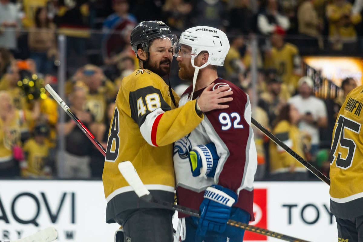 Colorado Avalanche left-wing Gabriel Landeskog (92) and Vegas Golden Knights center Tomas Hertl (48) embrace at the handshake line after game 4 of a NHL playoff game of the semi-final round between the Vegas Golden Knights and the Colorado Avalanche, Tuesday May 26, 2026 in Las Vegas, Nev. Colorado Avalanche left-wing Gabriel Landeskog (92) and Vegas Golden Knights center Tomas Hertl (48) embrace at the handshake line after game 4 of a NHL playoff game of the semi-final round between the Vegas Golden Knights and the Colorado Avalanche, Tuesday May 26, 2026 in Las Vegas, Nev.