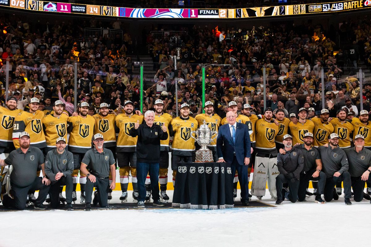 Vegas Golden Knights pose with the Clarence S. Campbell Bowl after game 4 of a NHL playoff game of the semi-final round between the Vegas Golden Knights and the Colorado Avalanche, Tuesday May 26, 2026 in Las Vegas, Nev. Vegas Golden Knights pose with the Clarence S. Campbell Bowl after game 4 of a NHL playoff game of the semi-final round between the Vegas Golden Knights and the Colorado Avalanche, Tuesday May 26, 2026 in Las Vegas, Nev.