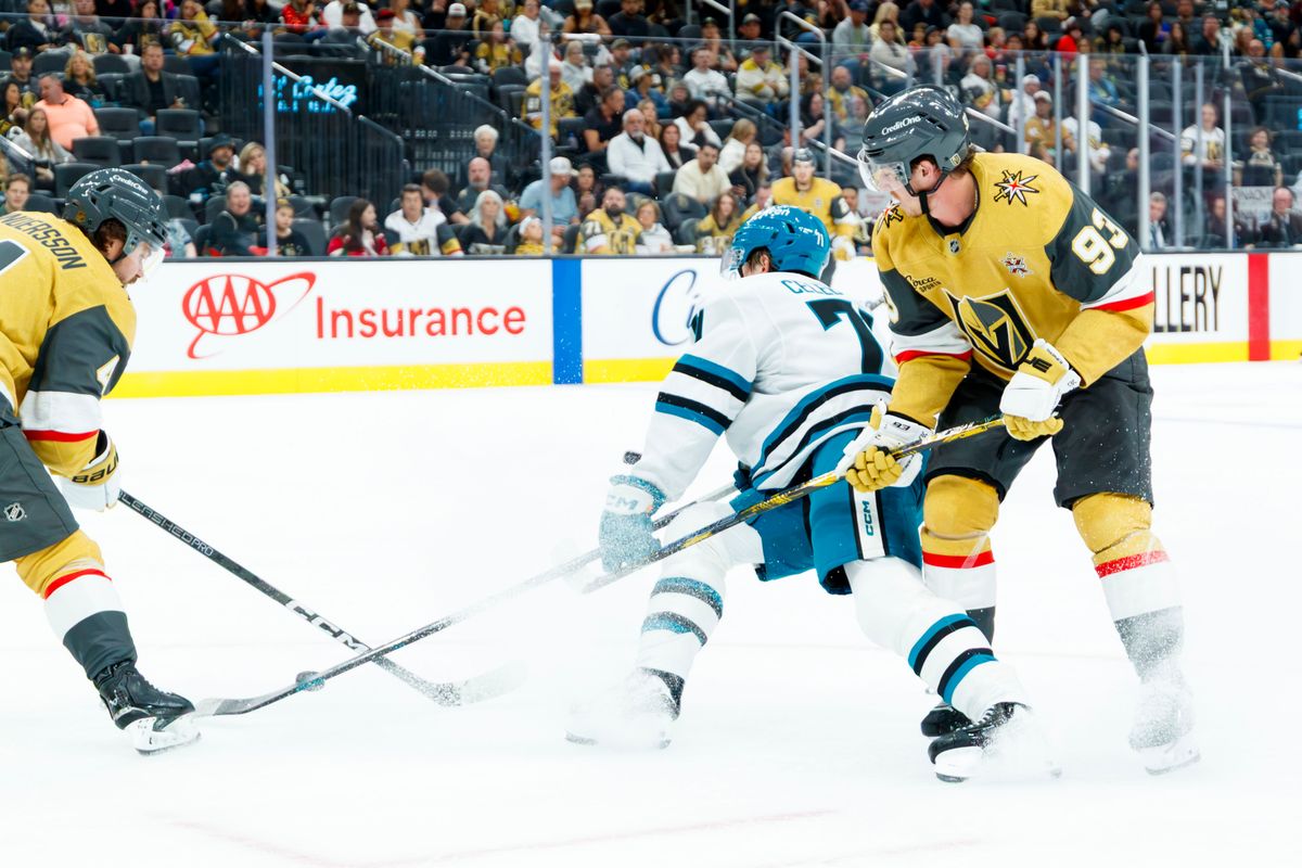 Vegas Golden Knights right wing Mitch Marner hooks San Jose Sharks’ Captain Mitch Marner during a NHL game against the San Jose Sharks on Saturday, Saturday 26, 2026, at T-Mobile Arena in Las Vegas, Nevada. Vegas Golden Knights right wing Mitch Marner hooks San Jose Sharks’ Captain Mitch Marner during a NHL game against the San Jose Sharks on Saturday, Saturday 26, 2026, at T-Mobile Arena in Las Vegas, Nevada.