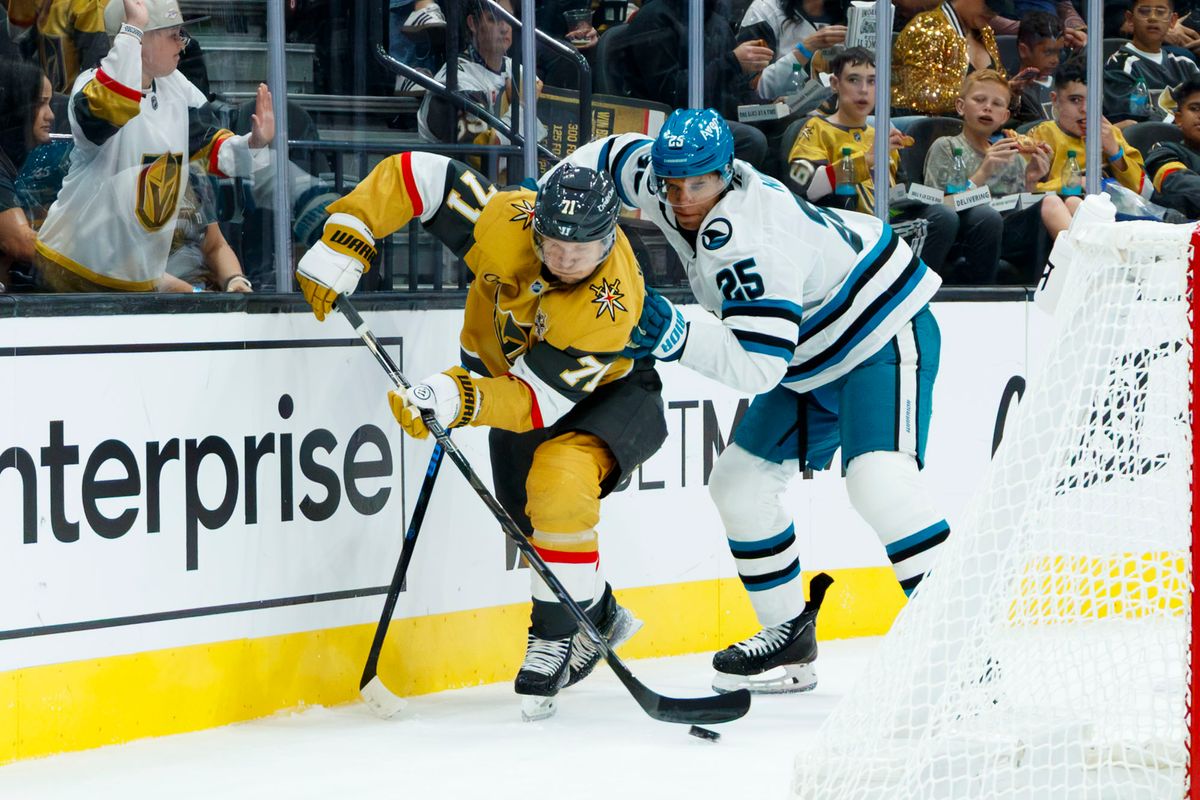 Vegas Golden Knights center William Karlsson fights off San Jose Sharks’ Darnell Nurse during a NHL game against the San Jose Sharks on Saturday, Saturday 26, 2026, at T-Mobile Arena in Las Vegas, Nevada. Vegas Golden Knights center William Karlsson fights off San Jose Sharks’ Darnell Nurse during a NHL game against the San Jose Sharks on Saturday, Saturday 26, 2026, at T-Mobile Arena in Las Vegas, Nevada.