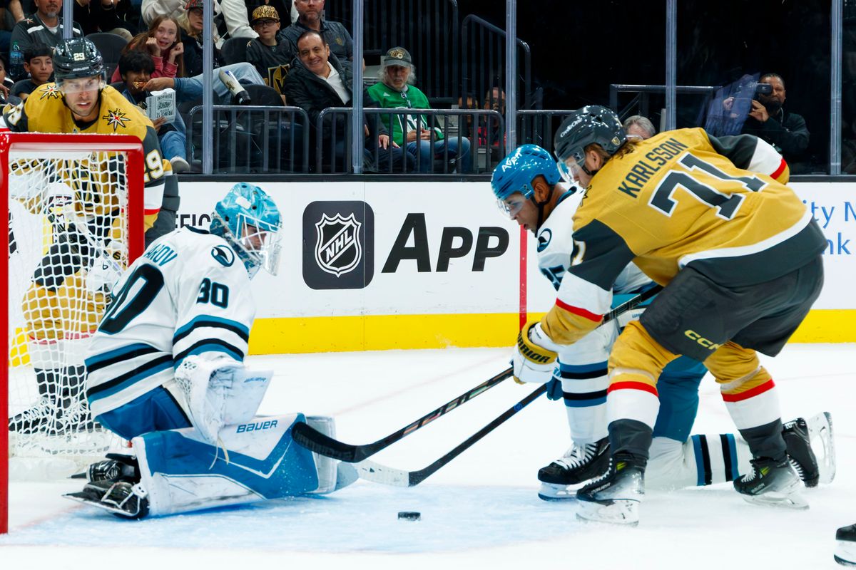 Vegas Golden Knights center William Karlsson attemps to tip in the puck during a NHL game against the San Jose Sharks on Saturday, Saturday 26, 2026, at T-Mobile Arena in Las Vegas, Nevada. Vegas Golden Knights center William Karlsson attemps to tip in the puck during a NHL game against the San Jose Sharks on Saturday, Saturday 26, 2026, at T-Mobile Arena in Las Vegas, Nevada.