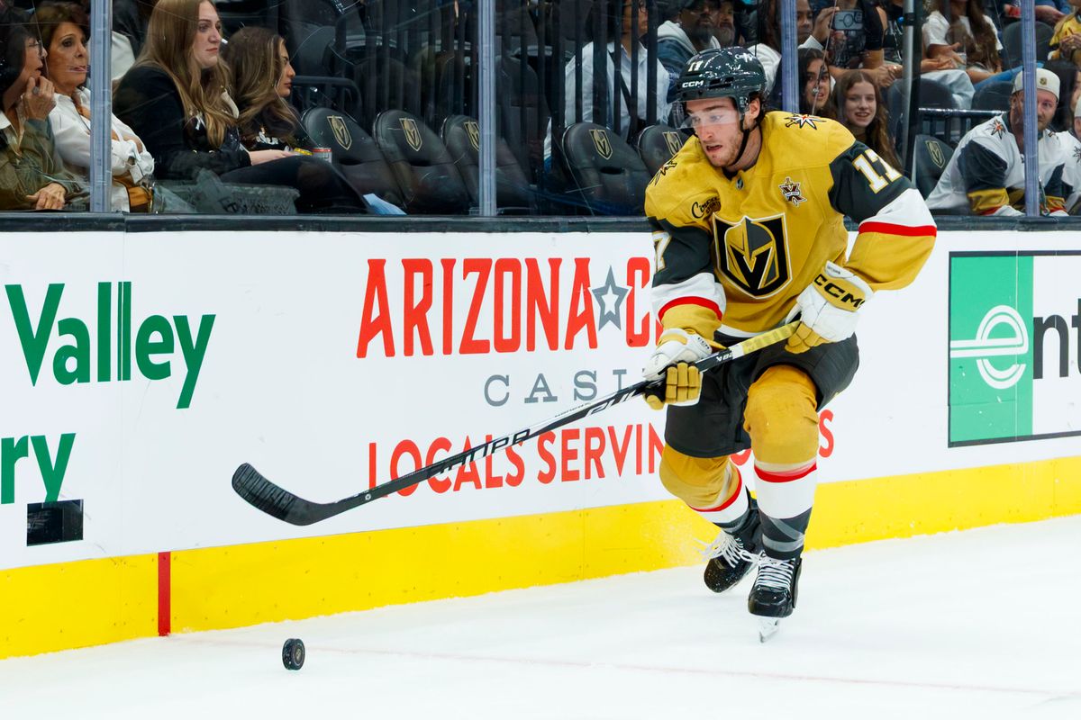 Vegas Golden Knights center Marc Gatcomb chases the puck during a NHL game against the San Jose Sharks on Saturday, Saturday 26, 2026, at T-Mobile Arena in Las Vegas, Nevada. Vegas Golden Knights center Marc Gatcomb chases the puck during a NHL game against the San Jose Sharks on Saturday, Saturday 26, 2026, at T-Mobile Arena in Las Vegas, Nevada.