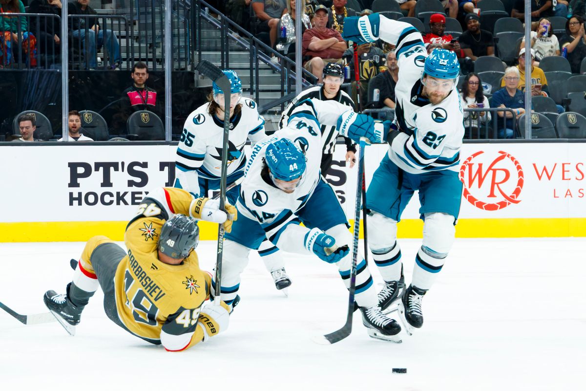 Vegas Golden Knights left wing Ivan Barbashev gets taken down by defenders during a NHL game against the San Jose Sharks on Saturday, Saturday 26, 2026, at T-Mobile Arena in Las Vegas, Nevada. Vegas Golden Knights left wing Ivan Barbashev gets taken down by defenders during a NHL game against the San Jose Sharks on Saturday, Saturday 26, 2026, at T-Mobile Arena in Las Vegas, Nevada.
