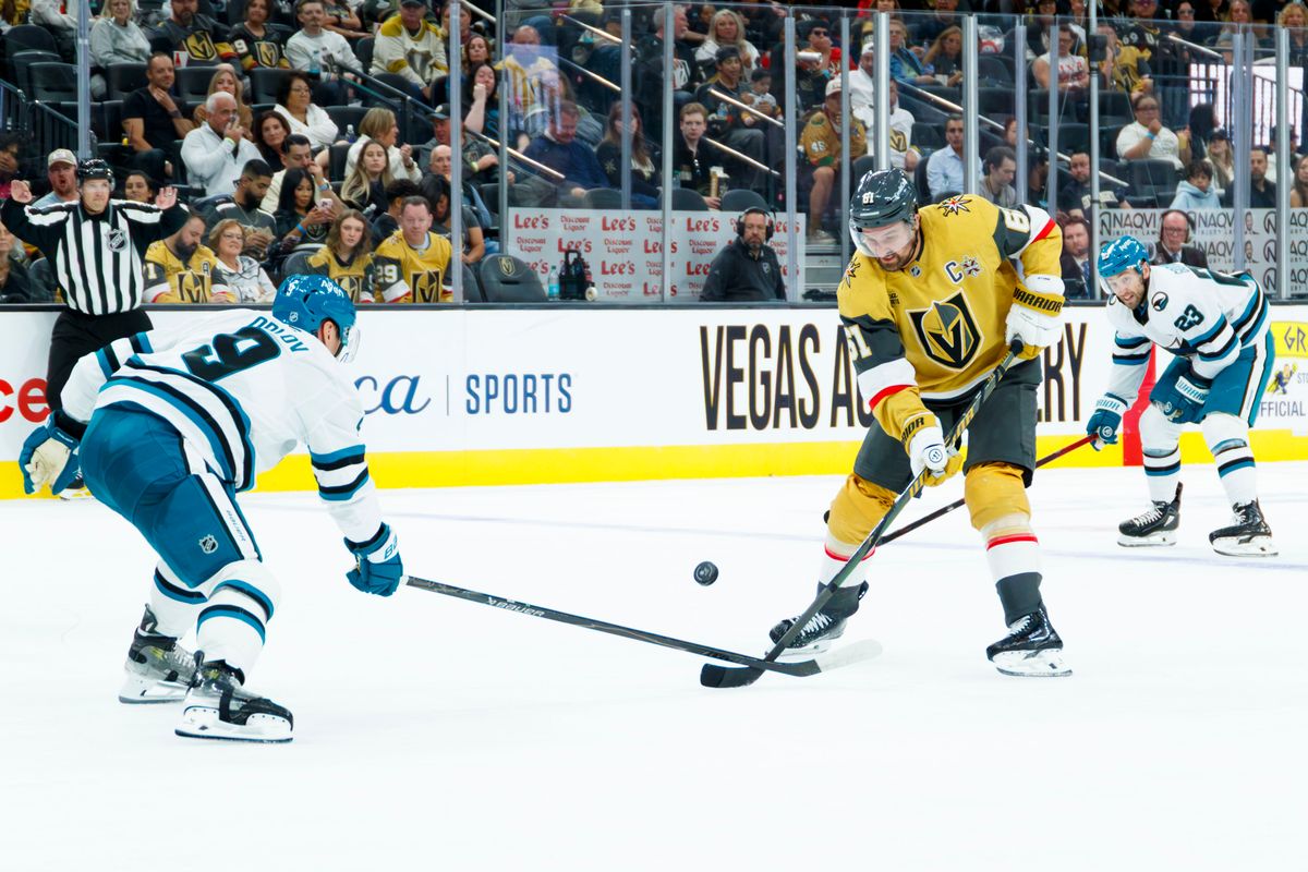 Vegas Golden Knights right wing Mark Stone fights to take the puck down ice during a NHL game against the San Jose Sharks on Saturday, Saturday 26, 2026, at T-Mobile Arena in Las Vegas, Nevada. Vegas Golden Knights right wing Mark Stone fights to take the puck down ice during a NHL game against the San Jose Sharks on Saturday, Saturday 26, 2026, at T-Mobile Arena in Las Vegas, Nevada.