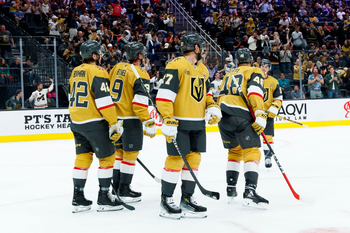 The team celebrates a goal during a NHL game against the San Jose Sharks on Saturday, Saturday 26, 2026, at T-Mobile Arena in Las Vegas, Nevada. The team celebrates a goal during a NHL game against the San Jose Sharks on Saturday, Saturday 26, 2026, at T-Mobile Arena in Las Vegas, Nevada.