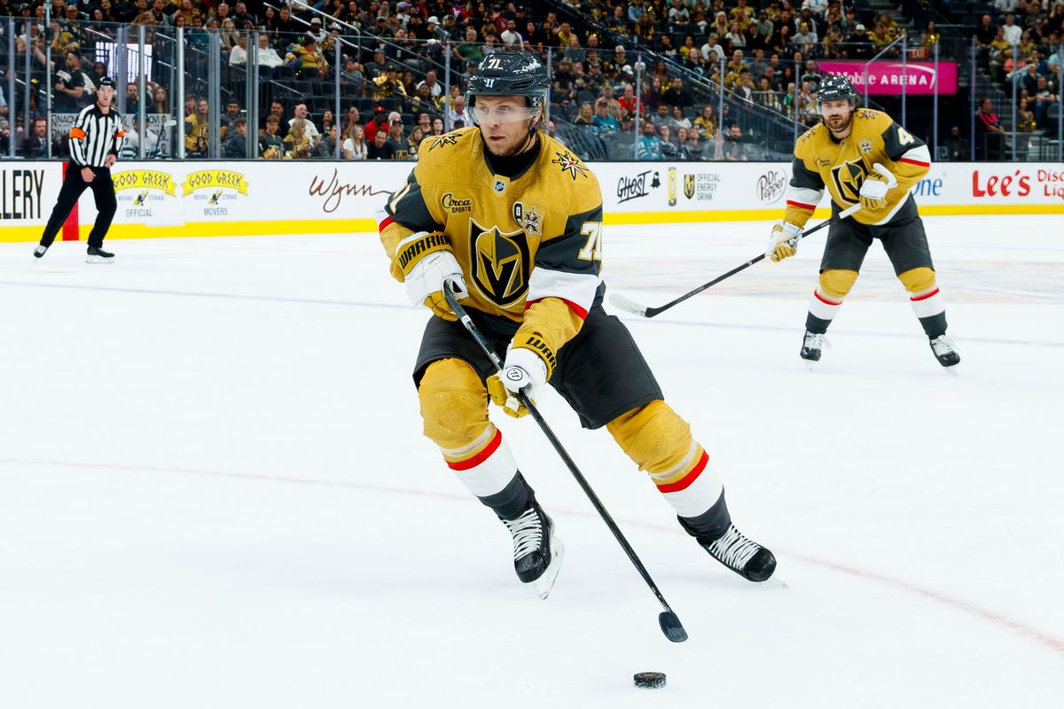 Vegas Golden Knights center William Karlsson enters the offensive zone during a NHL game against the San Jose Sharks on Saturday, Saturday 26, 2026, at T-Mobile Arena in Las Vegas, Nevada. Vegas Golden Knights center William Karlsson enters the offensive zone during a NHL game against the San Jose Sharks on Saturday, Saturday 26, 2026, at T-Mobile Arena in Las Vegas, Nevada.