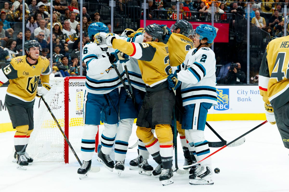 Vegas Golden Knights center Nic Dowd fights San Jose Sharks’ Sam Dickinson during a NHL game against the San Jose Sharks on Saturday, Saturday 26, 2026, at T-Mobile Arena in Las Vegas, Nevada. Vegas Golden Knights center Nic Dowd fights San Jose Sharks’ Sam Dickinson during a NHL game against the San Jose Sharks on Saturday, Saturday 26, 2026, at T-Mobile Arena in Las Vegas, Nevada.