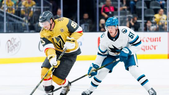 Vegas Golden Knights right wing Mitch Marner skates the puck down the ice during a NHL game against the San Jose Sharks on Saturday, Saturday 26, 2026, at T-Mobile Arena in Las Vegas, Nevada. Vegas Golden Knights right wing Mitch Marner skates the puck down the ice during a NHL game against the San Jose Sharks on Saturday, Saturday 26, 2026, at T-Mobile Arena in Las Vegas, Nevada.
