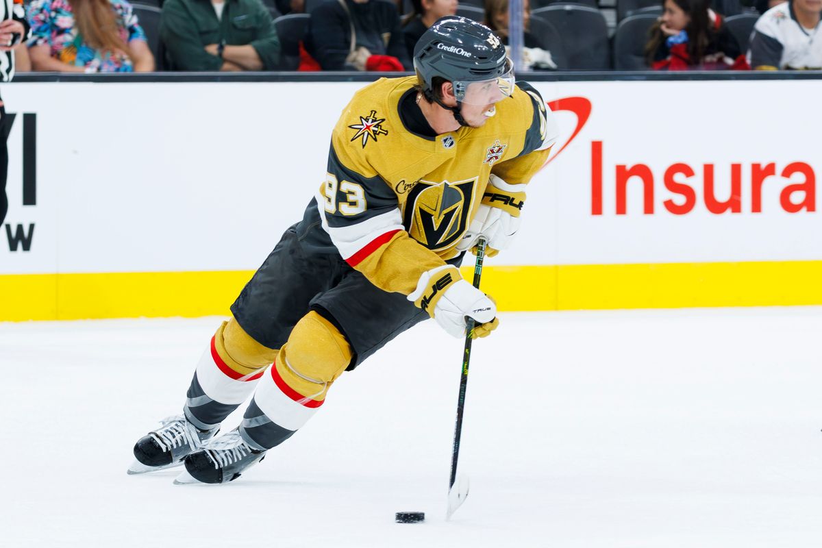 Vegas Golden Knights right wing Mitch Marner turns the puck around during a NHL game against the San Jose Sharks on Saturday, Saturday 26, 2026, at T-Mobile Arena in Las Vegas, Nevada. Vegas Golden Knights right wing Mitch Marner turns the puck around during a NHL game against the San Jose Sharks on Saturday, Saturday 26, 2026, at T-Mobile Arena in Las Vegas, Nevada.