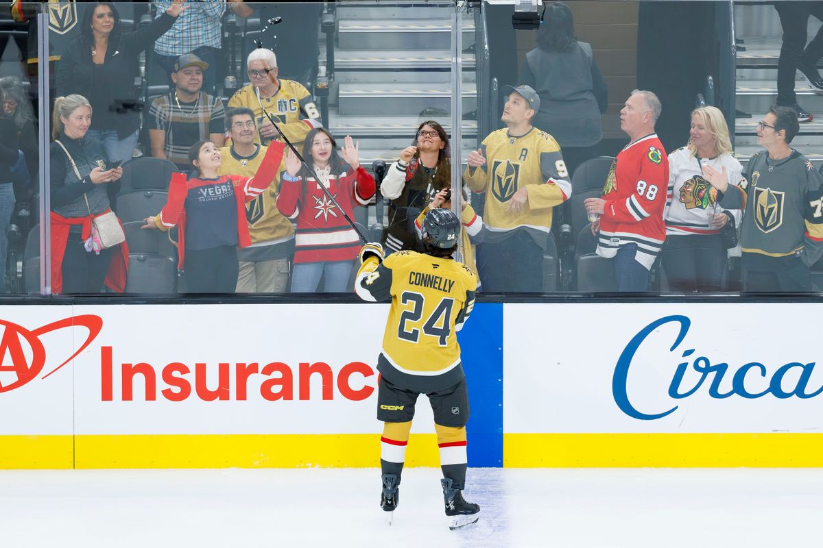 Vegas Golden Knights left wing Trevor Connelly passes a puck to a fan before a NHL game against the Chicago Blackhawks on Tuesday, Saturday 29, 2026, at T-Mobile Arena in Las Vegas, Nevada. Vegas Golden Knights left wing Trevor Connelly passes a puck to a fan before a NHL game against the Chicago Blackhawks on Tuesday, Saturday 29, 2026, at T-Mobile Arena in Las Vegas, Nevada.
