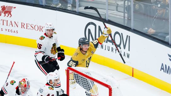Vegas Golden Knights left wing Victor Olofsson celebrates the first goal of the season during a NHL game against the Chicago Blackhawks on Tuesday, Saturday 29, 2026, at T-Mobile Arena in Las Vegas, Nevada. Vegas Golden Knights left wing Victor Olofsson celebrates the first goal of the season during a NHL game against the Chicago Blackhawks on Tuesday, Saturday 29, 2026, at T-Mobile Arena in Las Vegas, Nevada.