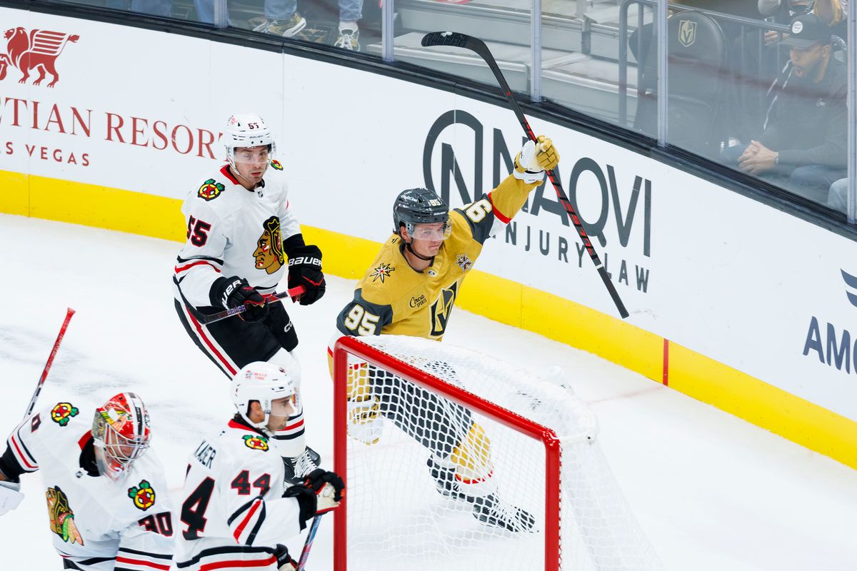 Vegas Golden Knights left wing Victor Olofsson celebrates the first goal of the season during a NHL game against the Chicago Blackhawks on Tuesday, Saturday 29, 2026, at T-Mobile Arena in Las Vegas, Nevada. Vegas Golden Knights left wing Victor Olofsson celebrates the first goal of the season during a NHL game against the Chicago Blackhawks on Tuesday, Saturday 29, 2026, at T-Mobile Arena in Las Vegas, Nevada.