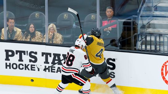 Vegas Golden Knights defenseman Rasmus Andersson takes a hit from Chicago Blackhawks’ Patrick Kane during a NHL game against the Chicago Blackhawks on Tuesday, Saturday 29, 2026, at T-Mobile Arena in Las Vegas, Nevada. Vegas Golden Knights defenseman Rasmus Andersson takes a hit from Chicago Blackhawks’ Patrick Kane during a NHL game against the Chicago Blackhawks on Tuesday, Saturday 29, 2026, at T-Mobile Arena in Las Vegas, Nevada.