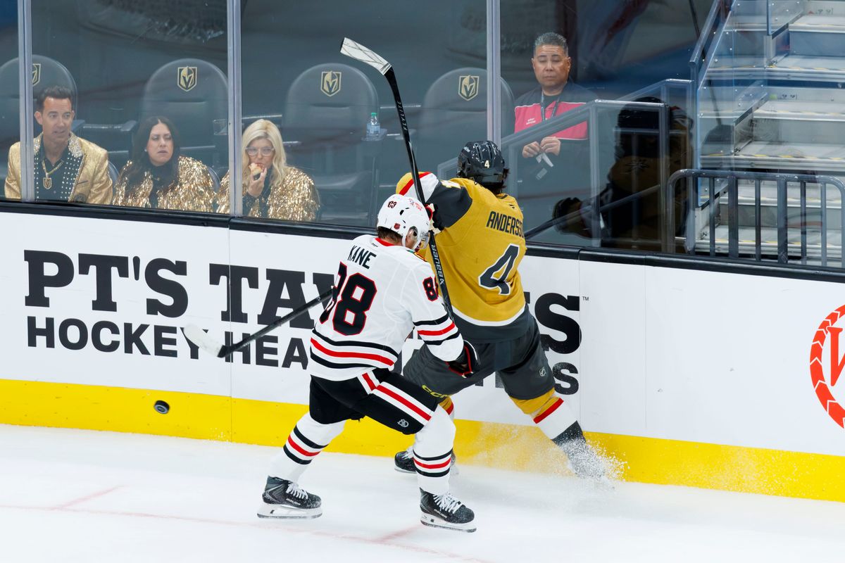 Vegas Golden Knights defenseman Rasmus Andersson takes a hit from Chicago Blackhawks’ Patrick Kane during a NHL game against the Chicago Blackhawks on Tuesday, Saturday 29, 2026, at T-Mobile Arena in Las Vegas, Nevada. Vegas Golden Knights defenseman Rasmus Andersson takes a hit from Chicago Blackhawks’ Patrick Kane during a NHL game against the Chicago Blackhawks on Tuesday, Saturday 29, 2026, at T-Mobile Arena in Las Vegas, Nevada.