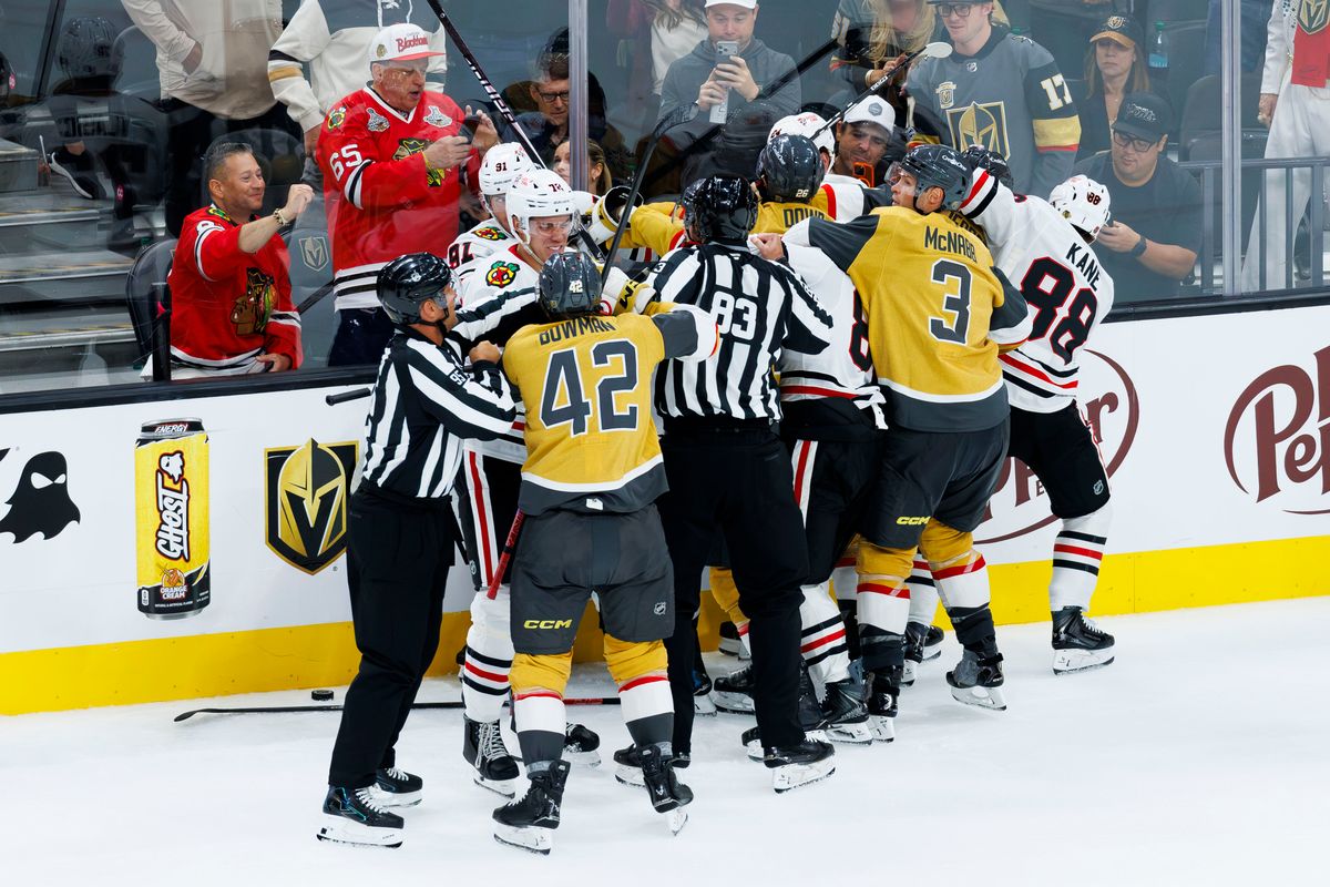 The Vegas Golden Knights brawl during a NHL game against the Chicago Blackhawks on Tuesday, Saturday 29, 2026, at T-Mobile Arena in Las Vegas, Nevada. The Vegas Golden Knights brawl during a NHL game against the Chicago Blackhawks on Tuesday, Saturday 29, 2026, at T-Mobile Arena in Las Vegas, Nevada.