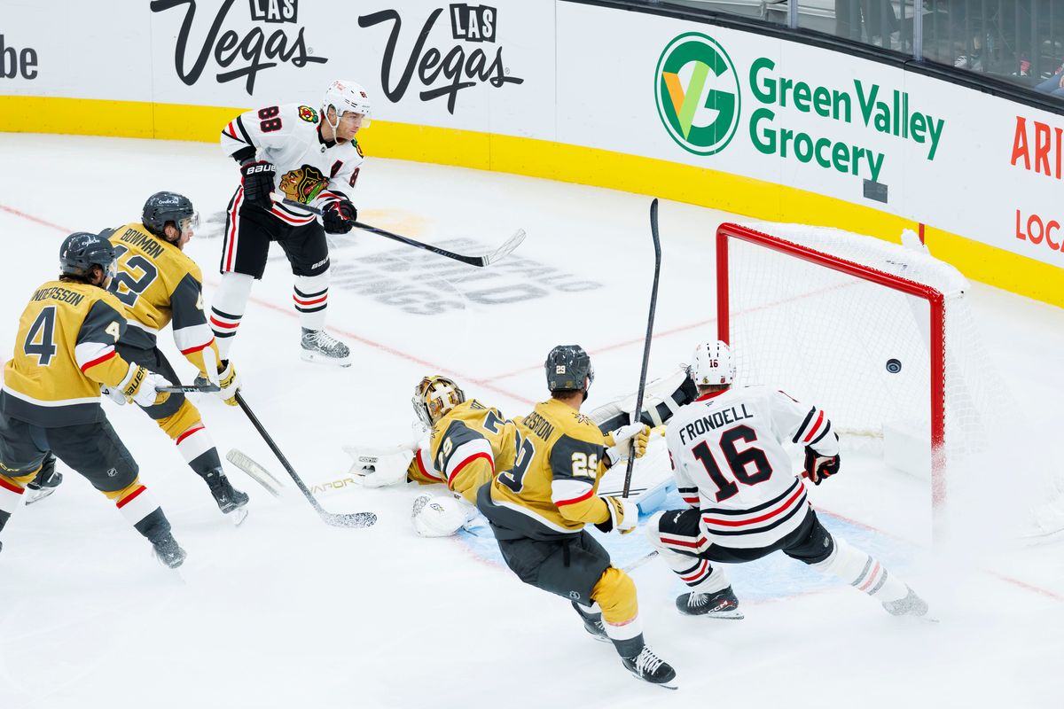 Chicago Blackhawks right wing Patrick Kane scores a goal during a NHL game against the Vegas Golden Knights on Tuesday, Saturday 29, 2026, at T-Mobile Arena in Las Vegas, Nevada. Chicago Blackhawks right wing Patrick Kane scores a goal during a NHL game against the Vegas Golden Knights on Tuesday, Saturday 29, 2026, at T-Mobile Arena in Las Vegas, Nevada.