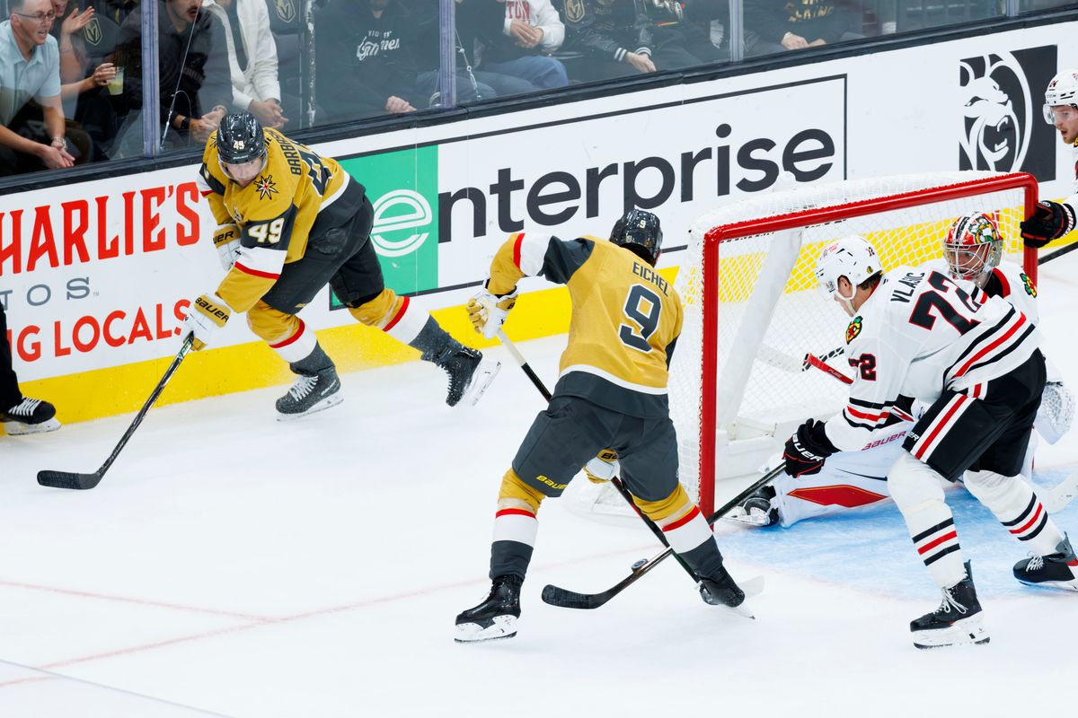 Vegas Golden Knights center Jack Eichel tips in the puck with an assist from Vegas Golden Knights left wing Ivan Barbashev during a NHL game against the Chicago Blackhawks on Tuesday, Saturday 29, 2026, at T-Mobile Arena in Las Vegas, Nevada. Vegas Golden Knights center Jack Eichel tips in the puck with an assist from Vegas Golden Knights left wing Ivan Barbashev during a NHL game against the Chicago Blackhawks on Tuesday, Saturday 29, 2026, at T-Mobile Arena in Las Vegas, Nevada.