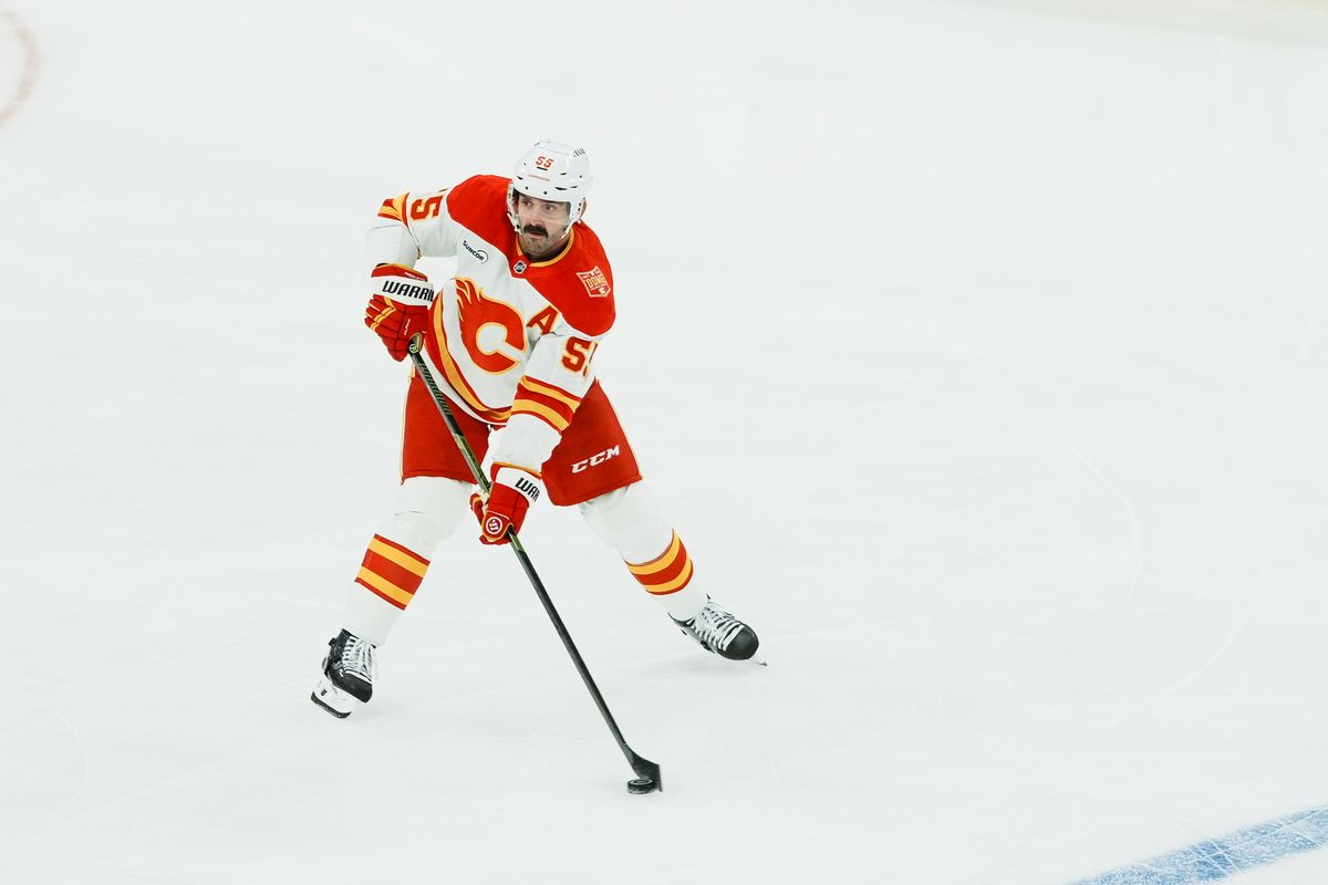 Calgary Flames defenseman Jacob Middleton (55) scans the ice while in possession of the puck during first period of NHL game against Vegas Golden Knights on Thursday October 15, 2026 at T-Mobile Arena in Las Vegas. Calgary Flames defenseman Jacob Middleton (55) scans the ice while in possession of the puck during first period of NHL game against Vegas Golden Knights on Thursday October 15, 2026 at T-Mobile Arena in Las Vegas.