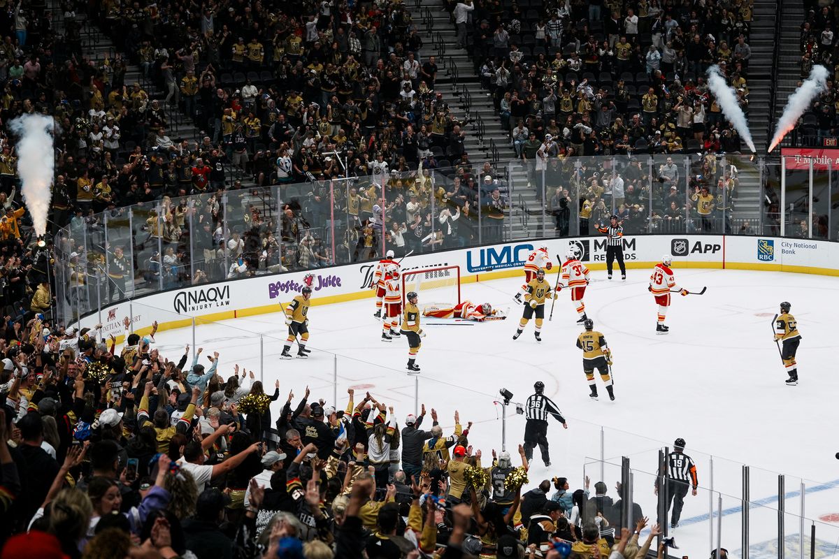 Vegas Golden Knights and fans celebrate after rigt wing Mark Stone scores a goal during third period of NHL game against Calgary Flames on Thursday October 15, 2026 at T-Mobile Arena in Las Vegas. Vegas Golden Knights and fans celebrate after rigt wing Mark Stone scores a goal during third period of NHL game against Calgary Flames on Thursday October 15, 2026 at T-Mobile Arena in Las Vegas.