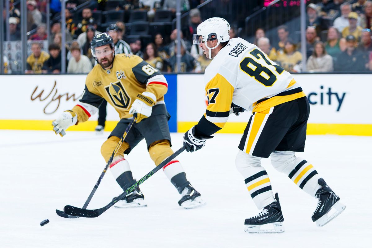 Vegas Golden Knights right wing Mark Stone (61) and Pittsburgh Penguins center Sidney Crosby (87) battle for the puck during an NHL game against the Pittsburgh Penguins on October 17, 2026 at T-Mobile Arena. Vegas Golden Knights right wing Mark Stone (61) and Pittsburgh Penguins center Sidney Crosby (87) battle for the puck during an NHL game against the Pittsburgh Penguins on October 17, 2026 at T-Mobile Arena.