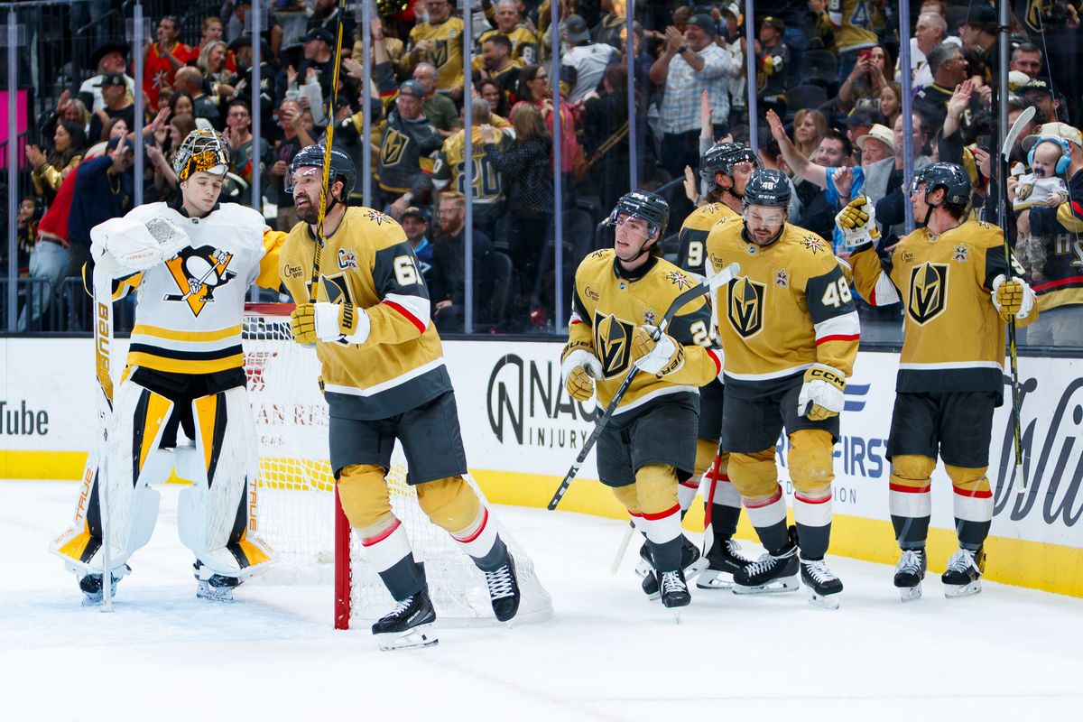 Vegas Golden Knights right wing Mark Stone (61) celebrates a power play goal during an NHL game against the Pittsburgh Penguins on October 17, 2026 at T-Mobile Arena. Vegas Golden Knights right wing Mark Stone (61) celebrates a power play goal during an NHL game against the Pittsburgh Penguins on October 17, 2026 at T-Mobile Arena.
