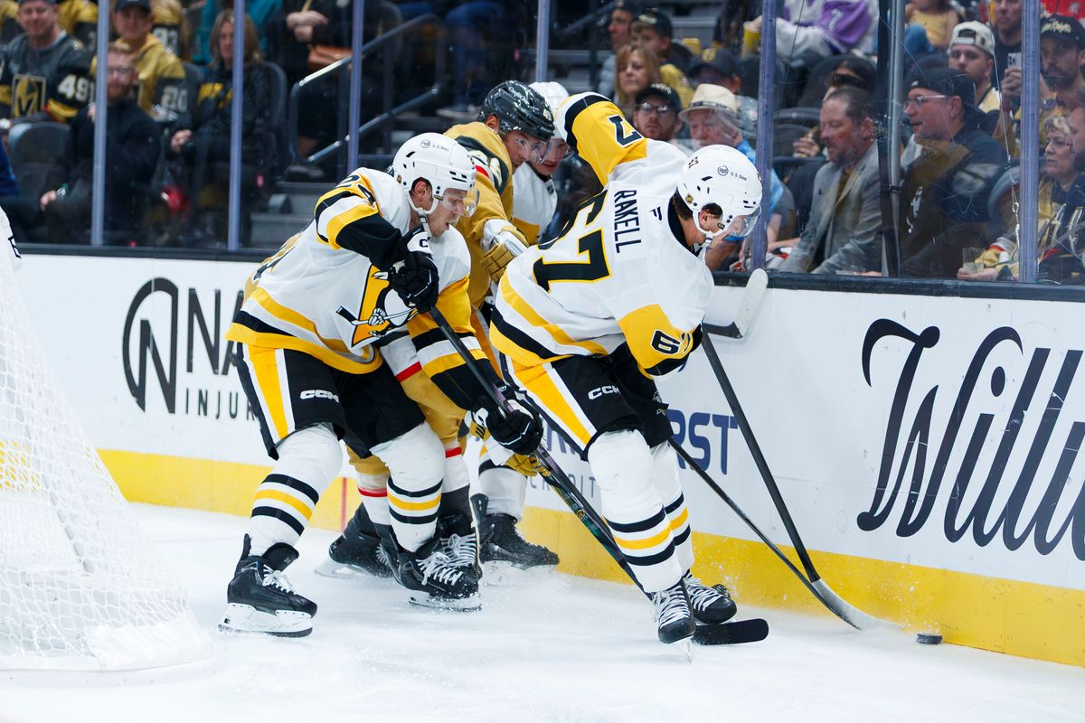 Pittsburgh Penguins right wing Rickard Rakell (67) fights for the puck behind the net during an NHL game against the Vegas Golden Knights on October 17, 2026 at T-Mobile Arena. Pittsburgh Penguins right wing Rickard Rakell (67) fights for the puck behind the net during an NHL game against the Vegas Golden Knights on October 17, 2026 at T-Mobile Arena.