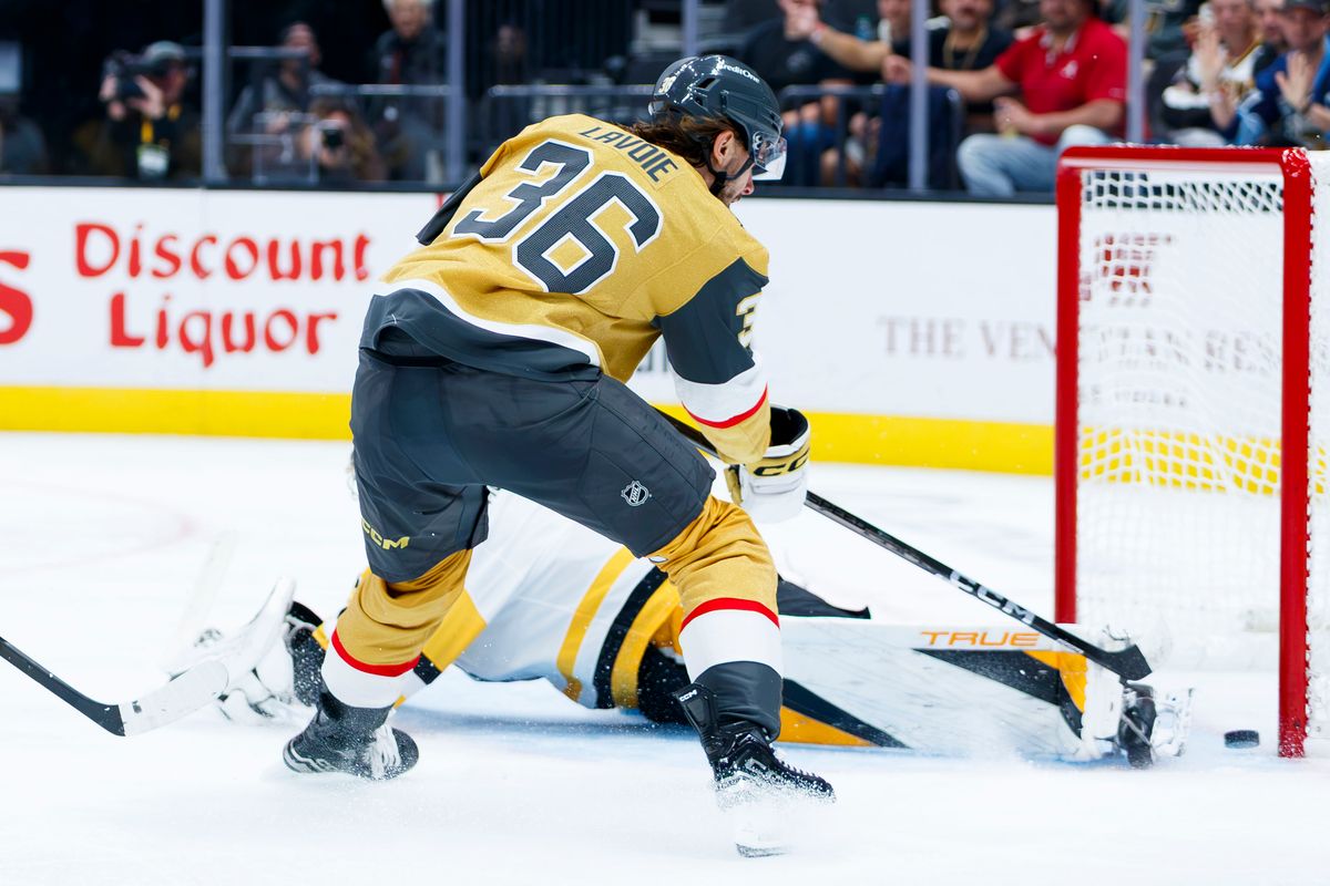 Vegas Golden Knights center Raphael Lavoie (36) attempts to score a goal against Pittsburgh Penguins goaltender Sergei Murashov (1) during an NHL game against the Pittsburgh Penguins on October 17, 2026 at T-Mobile Arena. Vegas Golden Knights center Raphael Lavoie (36) attempts to score a goal against Pittsburgh Penguins goaltender Sergei Murashov (1) during an NHL game against the Pittsburgh Penguins on October 17, 2026 at T-Mobile Arena.