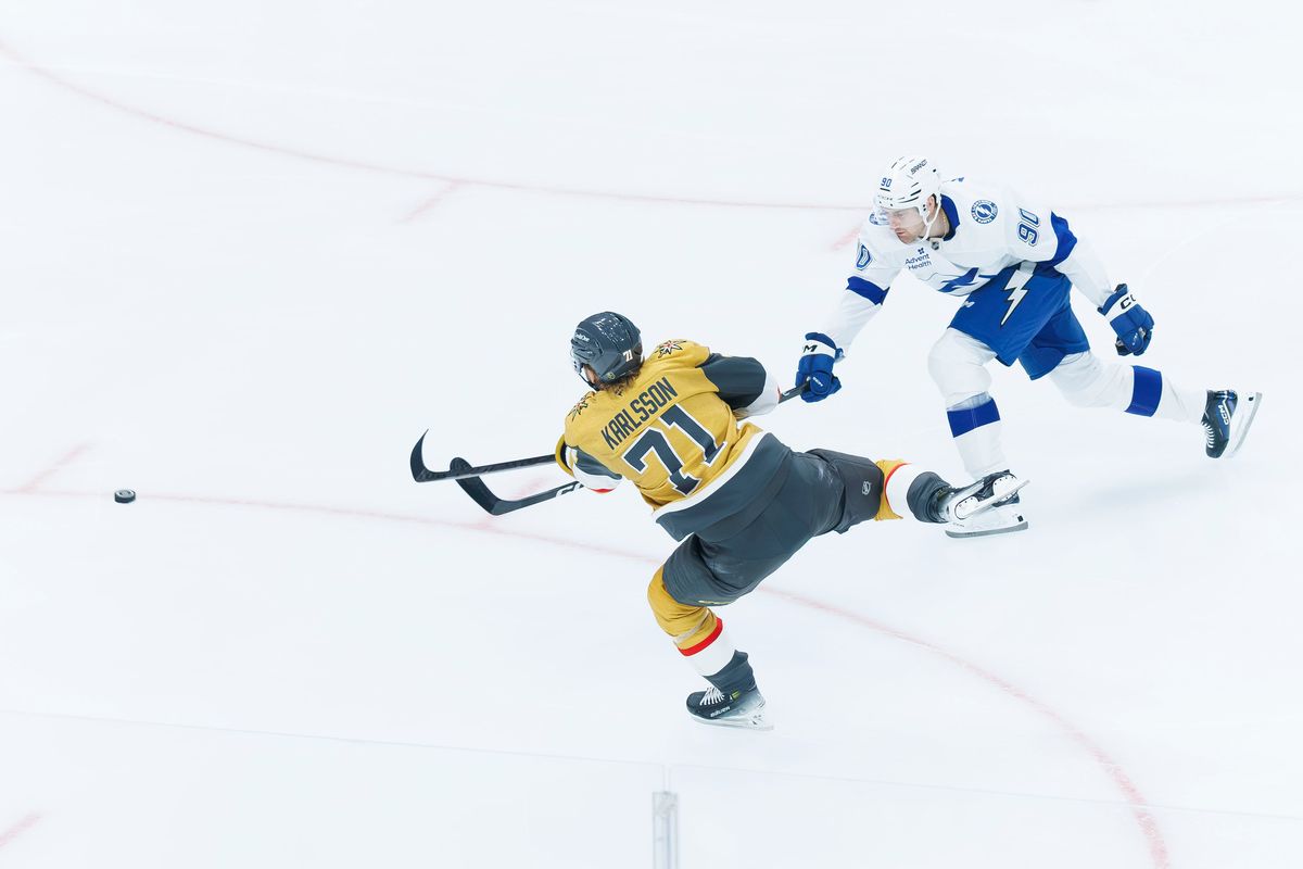 Vegas Golden Knights center William Karlsson (71) shoots the puck during an NHL game against the Tampa Bay Lightning on Tuesday, October 20, 2026, at T-Mobile Arena in Las Vegas, Nevada. Vegas Golden Knights center William Karlsson (71) shoots the puck during an NHL game against the Tampa Bay Lightning on Tuesday, October 20, 2026, at T-Mobile Arena in Las Vegas, Nevada.
