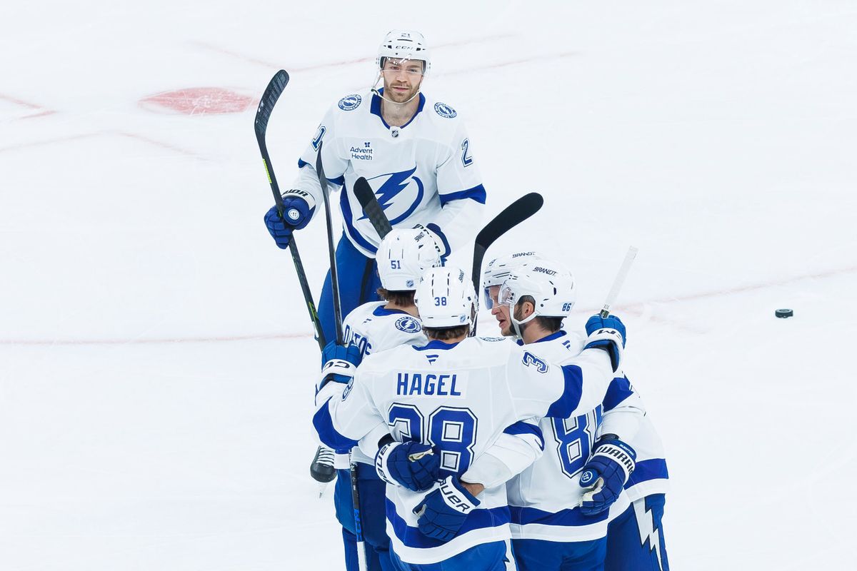 Tampa Bay Lightning left wing Brandon Hagel (38) celebrates a goal during an NHL game against the Vegas Golden Knights on Tuesday, October 20, 2026, at T-Mobile Arena in Las Vegas, Nevada. Tampa Bay Lightning left wing Brandon Hagel (38) celebrates a goal during an NHL game against the Vegas Golden Knights on Tuesday, October 20, 2026, at T-Mobile Arena in Las Vegas, Nevada.