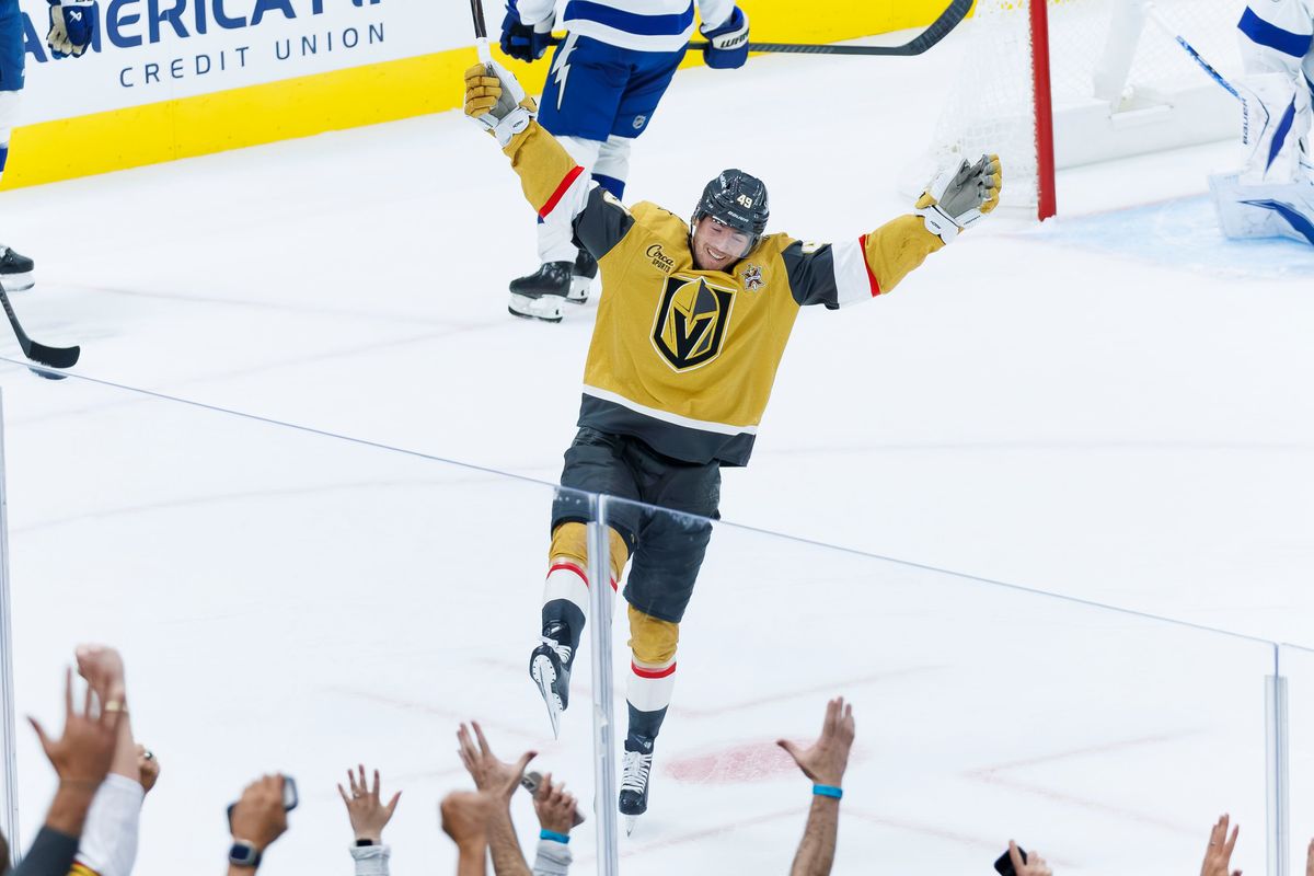Vegas Golden Knights left wing Ivan Barbashev (49) celebrates his first goal of the season during an NHL game against the Tampa Bay Lightning on Tuesday, October 20, 2026, at T-Mobile Arena in Las Vegas, Nevada. Vegas Golden Knights left wing Ivan Barbashev (49) celebrates his first goal of the season during an NHL game against the Tampa Bay Lightning on Tuesday, October 20, 2026, at T-Mobile Arena in Las Vegas, Nevada.