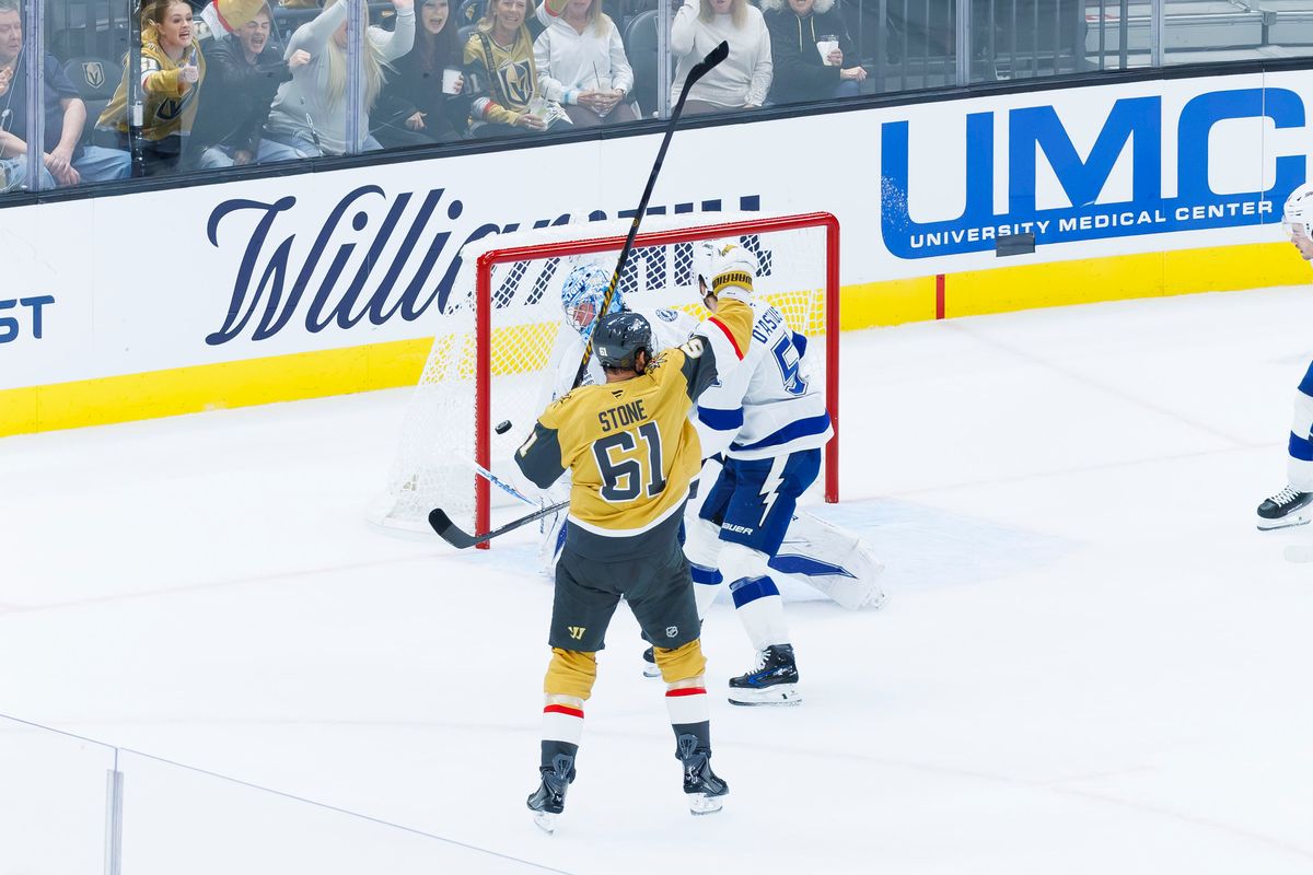 Vegas Golden Knights right wing Mark Stone (61) celebrates a short-handed goal during an NHL game against the Tampa Bay Lightning on Tuesday, October 20, 2026, at T-Mobile Arena in Las Vegas, Nevada. Vegas Golden Knights right wing Mark Stone (61) celebrates a short-handed goal during an NHL game against the Tampa Bay Lightning on Tuesday, October 20, 2026, at T-Mobile Arena in Las Vegas, Nevada.