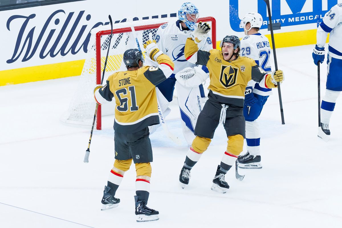 Vegas Golden Knights right wing Mark Stone (61) and Vegas Golden Knights right wing Braeden Bowman (42) celebrate the game-tying goal during an NHL game against the Tampa Bay Lightning on Tuesday, October 20, 2026, at T-Mobile Arena in Las Vegas, Nevada. Vegas Golden Knights right wing Mark Stone (61) and Vegas Golden Knights right wing Braeden Bowman (42) celebrate the game-tying goal during an NHL game against the Tampa Bay Lightning on Tuesday, October 20, 2026, at T-Mobile Arena in Las Vegas, Nevada.