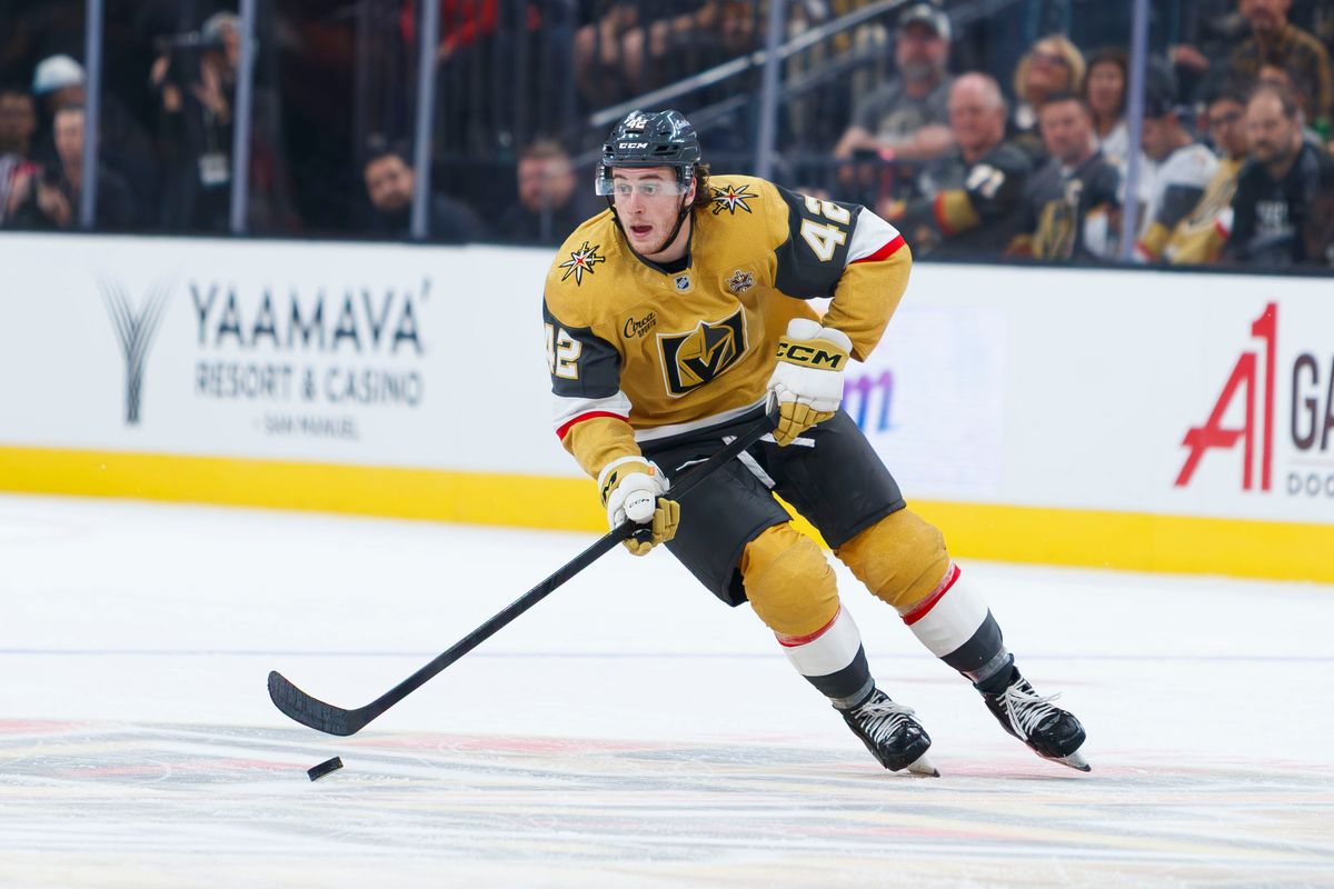 Vegas Golden Knights right wing Braeden Bowman (42) skates the puck into the offensive zone during an NHL game against the Tampa Bay Lightning on Tuesday, October 20, 2026, at T-Mobile Arena in Las Vegas, Nevada. Vegas Golden Knights right wing Braeden Bowman (42) skates the puck into the offensive zone during an NHL game against the Tampa Bay Lightning on Tuesday, October 20, 2026, at T-Mobile Arena in Las Vegas, Nevada.