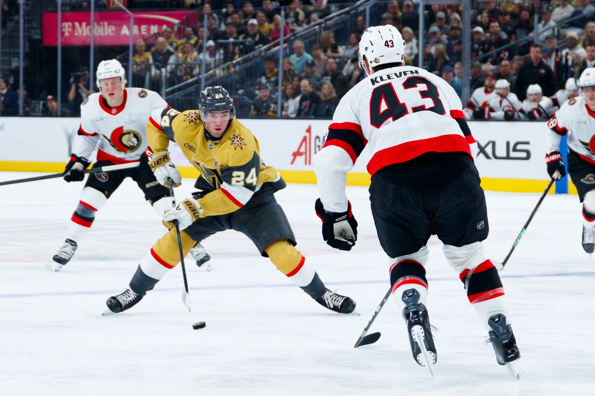 Vegas Golden Knights left wing Trevor Connelly (24) skates the puck into the offensive zone during an NHL game against the Ottawa Senators on Tuesday, October 27, 2026, at T-Mobile Arena in Las Vegas, Nevada.