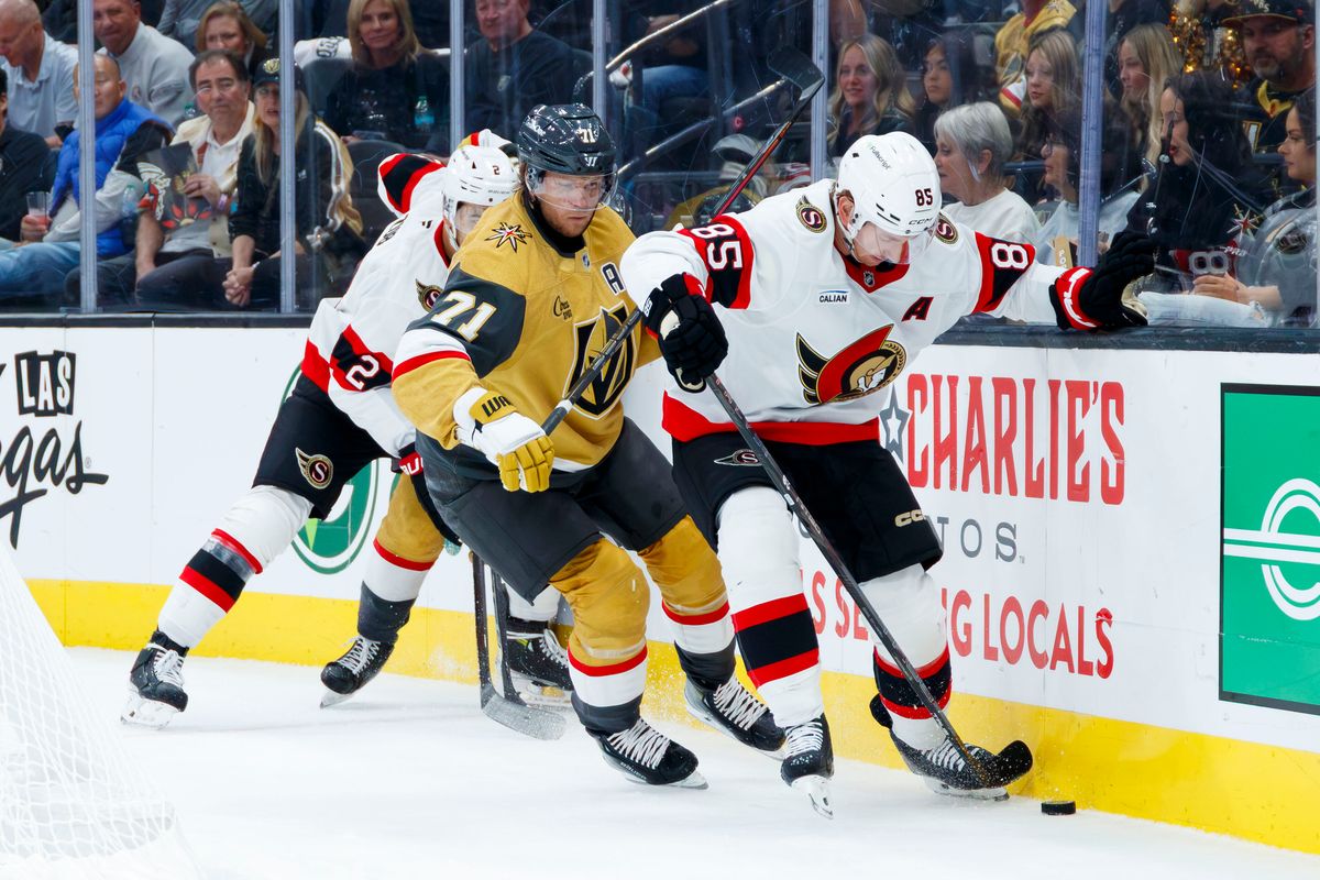 Vegas Golden Knights center William Karlsson (71) puts pressure on Ottawa Senators defenseman Jake Sanderson (85) during an NHL game against the Ottawa Senators on Tuesday, October 27, 2026, at T-Mobile Arena in Las Vegas, Nevada.