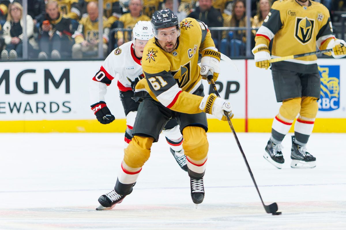Vegas Golden Knights right wing Mark Stone (61) skates the puck down the ice during an NHL game against the Ottawa Senators on Tuesday, October 27, 2026, at T-Mobile Arena in Las Vegas, Nevada.