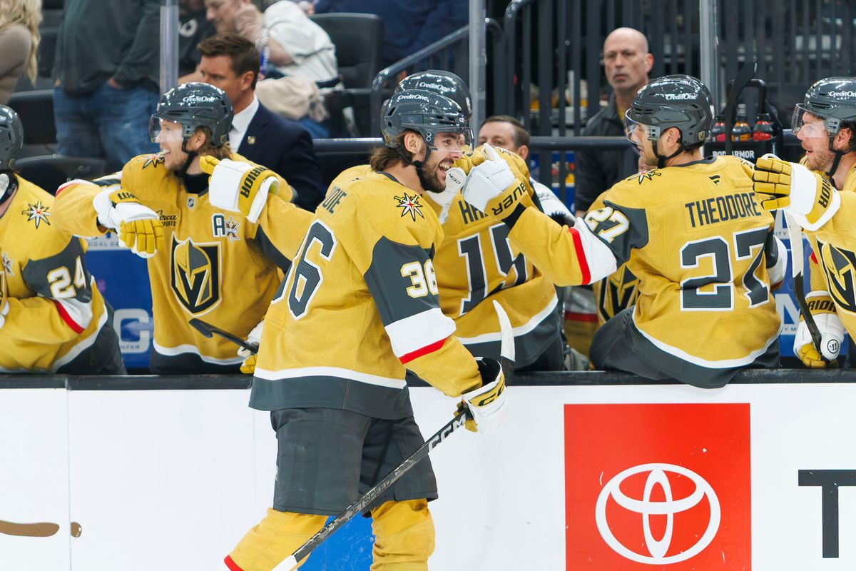 Vegas Golden Knights center Raphael Lavoie (36) celebrates his first NHL goal during an NHL game against the Ottawa Senators on Tuesday, October 27, 2026, at T-Mobile Arena in Las Vegas, Nevada.