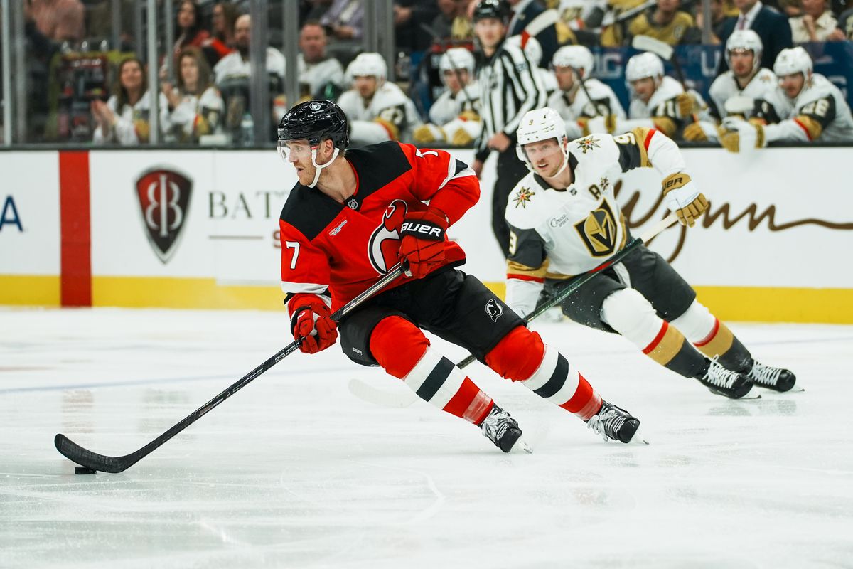 New Jersey Devils defenseman Dougie Hamilton (7) skates the puck down the ice followed by Vegas Golden Knights center Jack Eichel (9) during second period of NHL game against Vegas Golden Knights on Friday October 30, 2026 at T-Mobile Arena in Las Vegas. New Jersey Devils defenseman Dougie Hamilton (7) skates the puck down the ice followed by Vegas Golden Knights center Jack Eichel (9) during second period of NHL game against Vegas Golden Knights on Friday October 30, 2026 at T-Mobile Arena in Las Vegas.