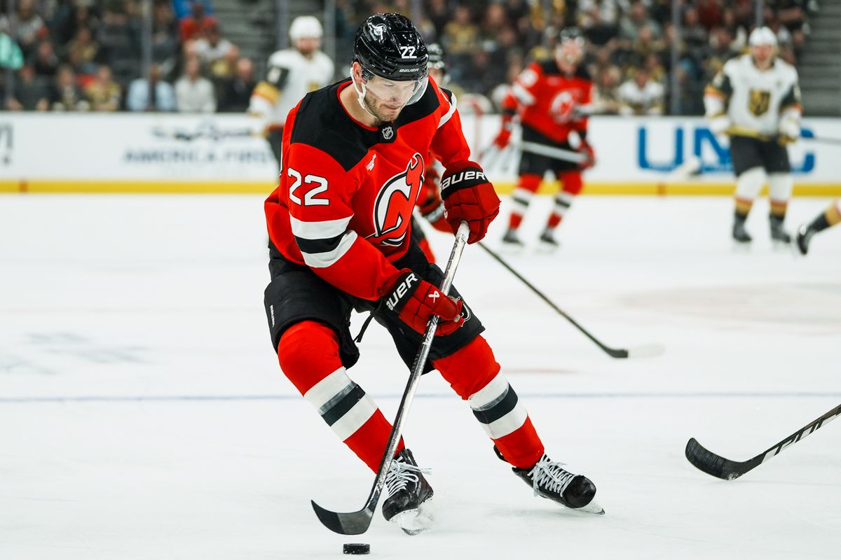 New Jersey Devils defenseman Brett Pesce (22) skates the puck down the ice during second period of NHL game against Vegas Golden Knights on Friday October 30, 2026 at T-Mobile Arena in Las Vegas. New Jersey Devils defenseman Brett Pesce (22) skates the puck down the ice during second period of NHL game against Vegas Golden Knights on Friday October 30, 2026 at T-Mobile Arena in Las Vegas.