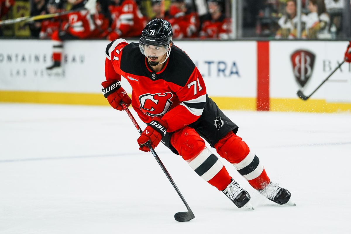 New Jersey Devils defenseman Jonas Siegenthaler (71) scans the ice while maintaining control of the puck during second period of NHL game against Vegas Golden Knights on Friday October 30, 2026 at T-Mobile Arena in Las Vegas. New Jersey Devils defenseman Jonas Siegenthaler (71) scans the ice while maintaining control of the puck during second period of NHL game against Vegas Golden Knights on Friday October 30, 2026 at T-Mobile Arena in Las Vegas.