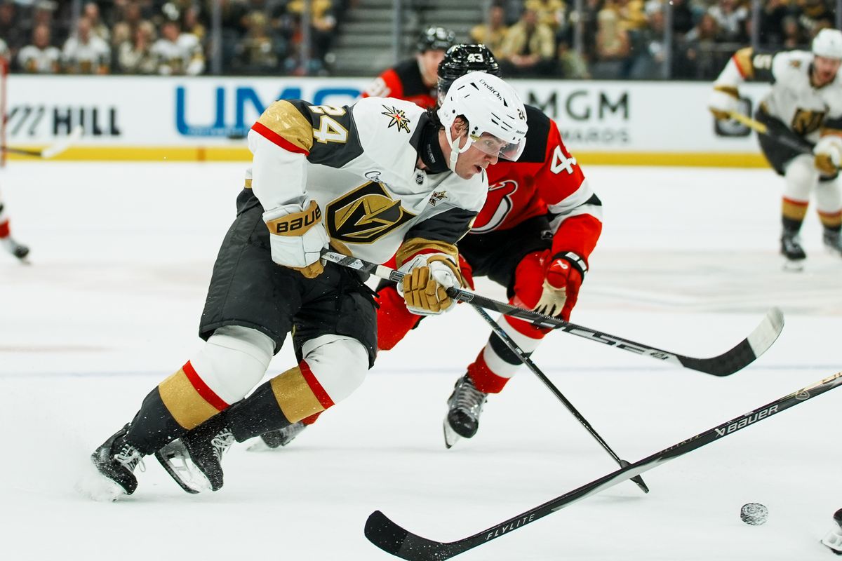 Vegas Golden Knights left wing Trevor Connelly (24) eyes the puck during second period of NHL game against New Jersey Devils on Friday October 30, 2026 at T-Mobile Arena in Las Vegas. Vegas Golden Knights left wing Trevor Connelly (24) eyes the puck during second period of NHL game against New Jersey Devils on Friday October 30, 2026 at T-Mobile Arena in Las Vegas.