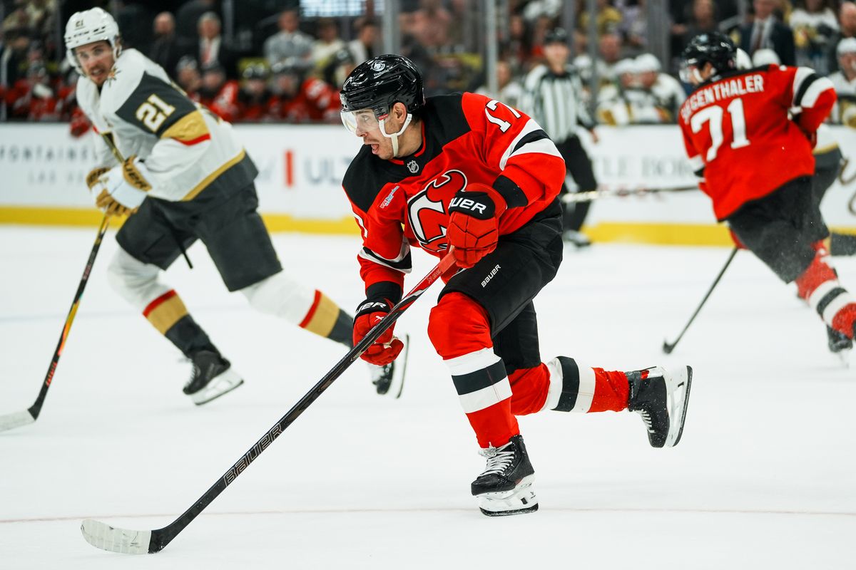 New Jersey Devils defenseman center Evan Rodrigues (17) skates the puck down ice during second period of NHL game against Vegas Golden Knights on Friday October 30, 2026 at T-Mobile Arena in Las Vegas. New Jersey Devils defenseman center Evan Rodrigues (17) skates the puck down ice during second period of NHL game against Vegas Golden Knights on Friday October 30, 2026 at T-Mobile Arena in Las Vegas.