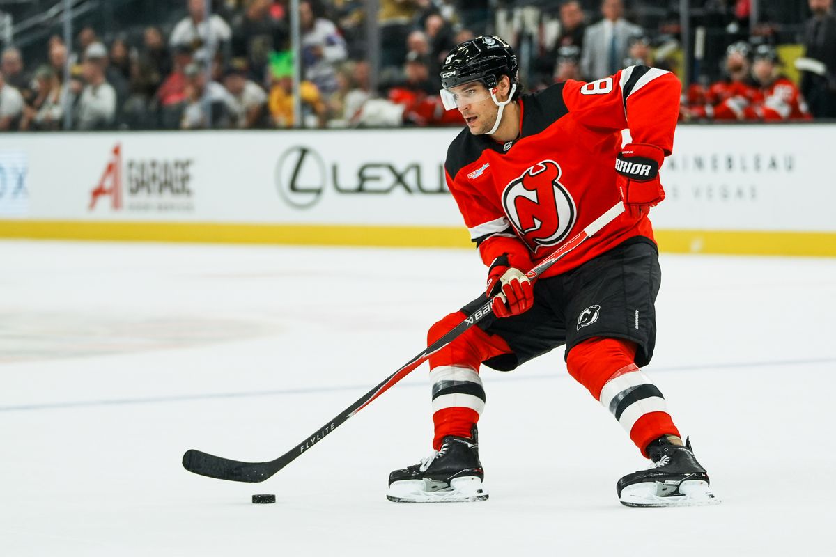 New Jersey Devils defenseman Johnathan Kovacevic (8) skates the puck down the ice during third period of NHL game against Vegas Golden Knights on Friday October 30, 2026 at T-Mobile Arena in Las Vegas. New Jersey Devils defenseman Johnathan Kovacevic (8) skates the puck down the ice during third period of NHL game against Vegas Golden Knights on Friday October 30, 2026 at T-Mobile Arena in Las Vegas.