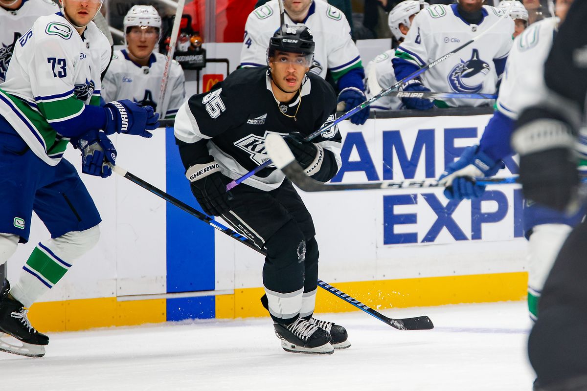 Los Angeles Kings right wing Quinton Byfield (55) moments after he scores a goal during game against Vancouver Canucks on Thursday, November 7, 2024 in Los Angeles. Los Angeles Kings right wing Quinton Byfield (55) moments after he scores a goal during game against Vancouver Canucks on Thursday, November 7, 2024 in Los Angeles.