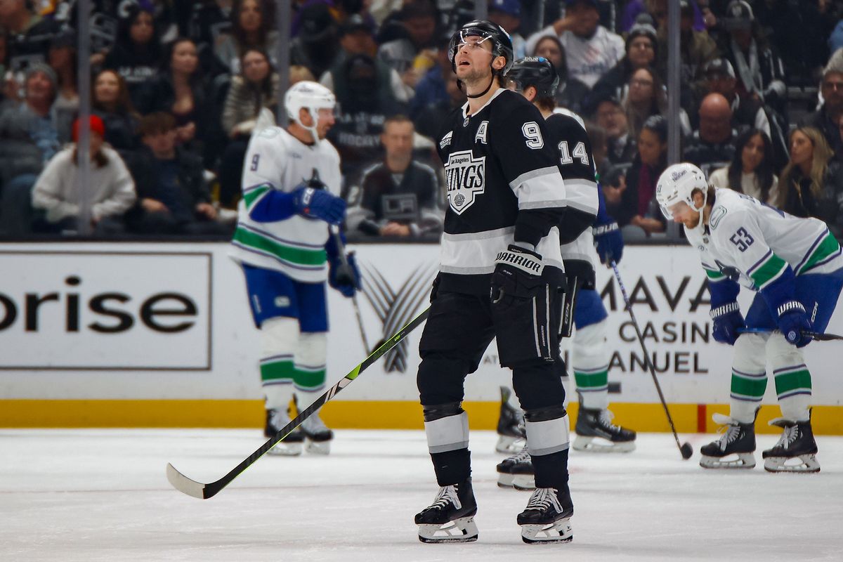 Los Angeles Kings right wing Adrian Kempe (9) visibly tired and checks the score during game against Vancouver Canucks on Thursday, November 7, 2024 in Los Angeles. Los Angeles Kings right wing Adrian Kempe (9) visibly tired and checks the score during game against Vancouver Canucks on Thursday, November 7, 2024 in Los Angeles.